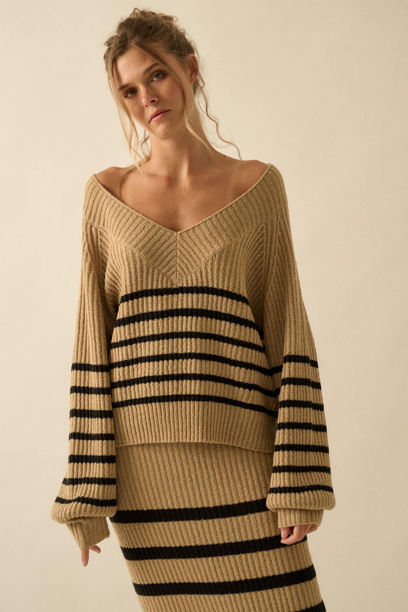 Promise the Label Striped Rib-Knit V-Neck Sweater