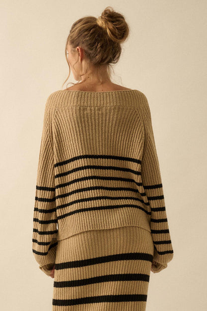 Promise the Label Striped Rib-Knit V-Neck Sweater