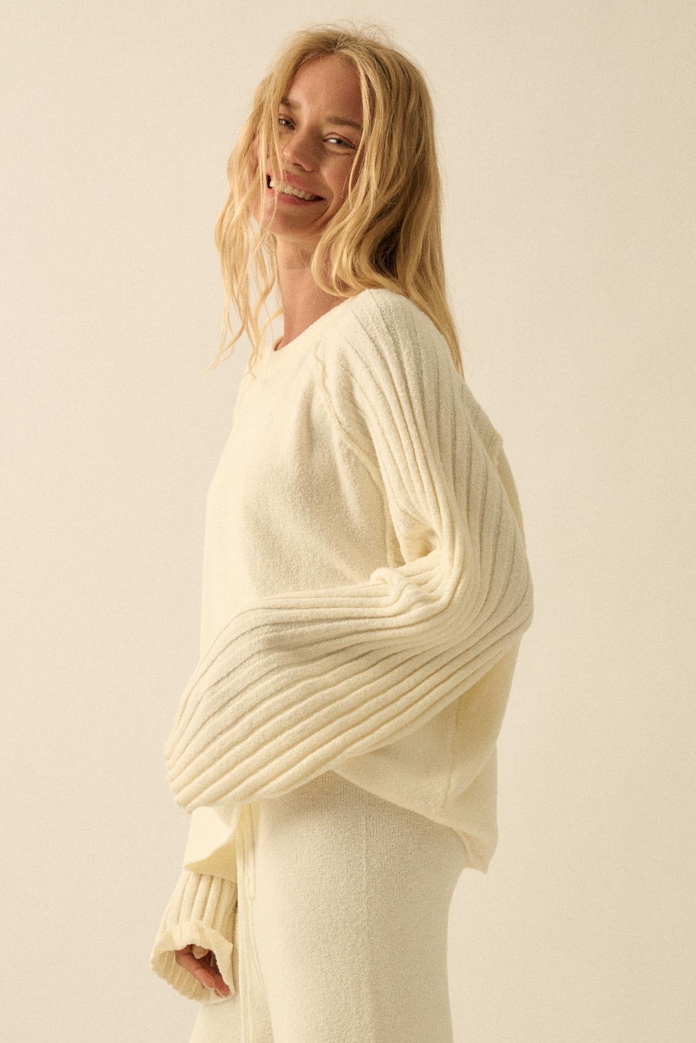 Promise the Label Textured Ribbed-Sleeve Sweater