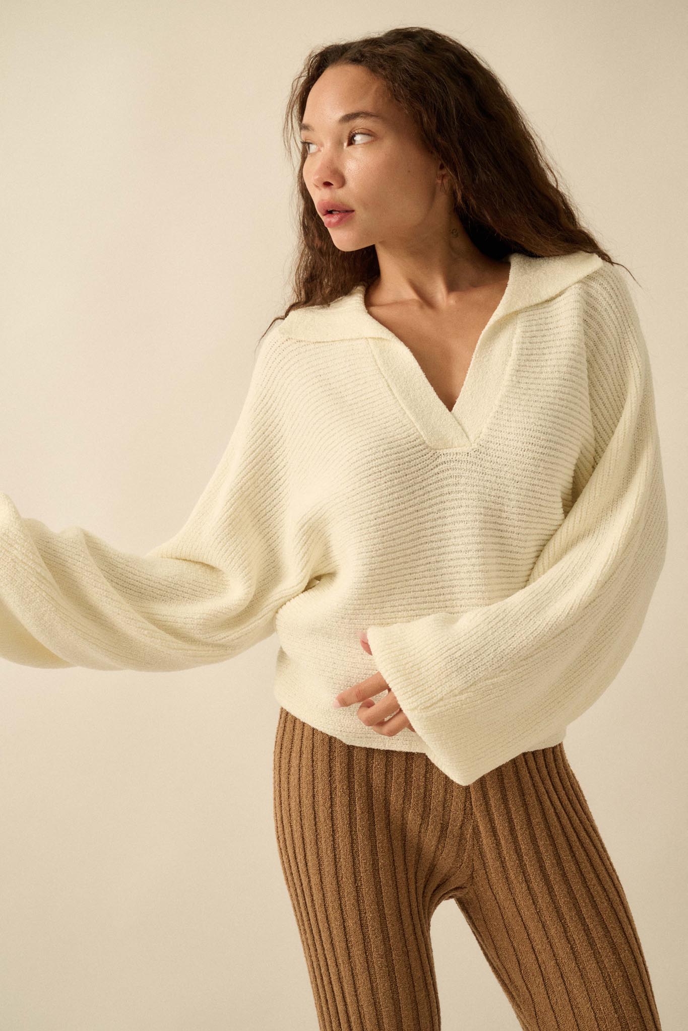 Promise the Label Rib-Knit Collared Sweater