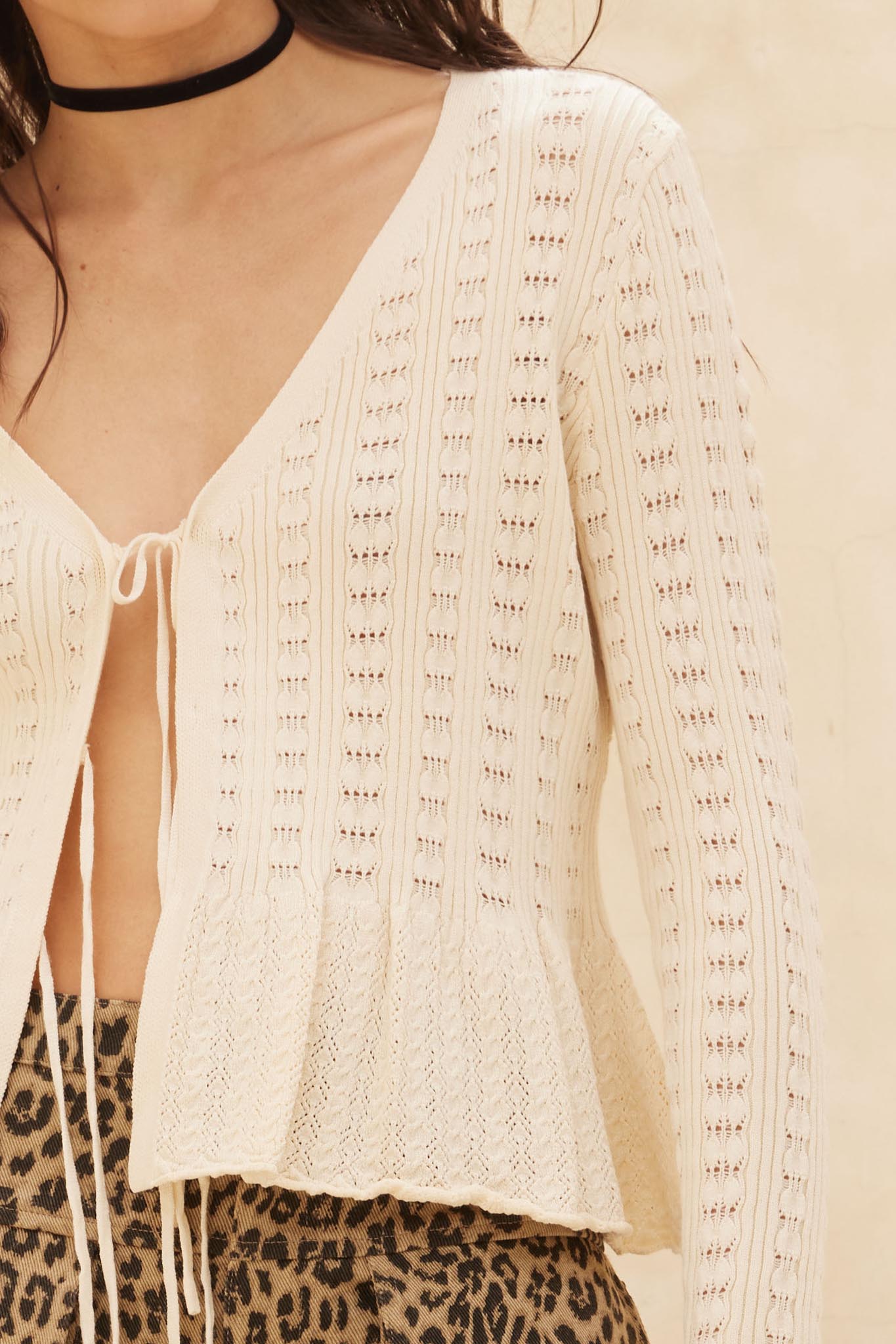 On My Way Pointelle Rib-Knit Peplum Cardigan