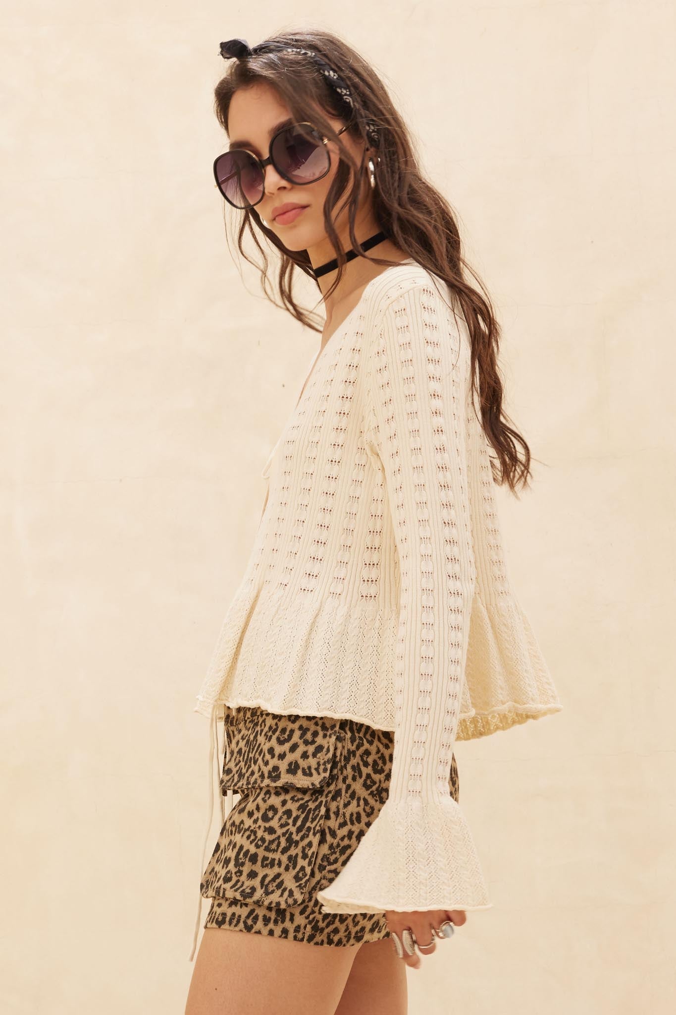 On My Way Pointelle Rib-Knit Peplum Cardigan