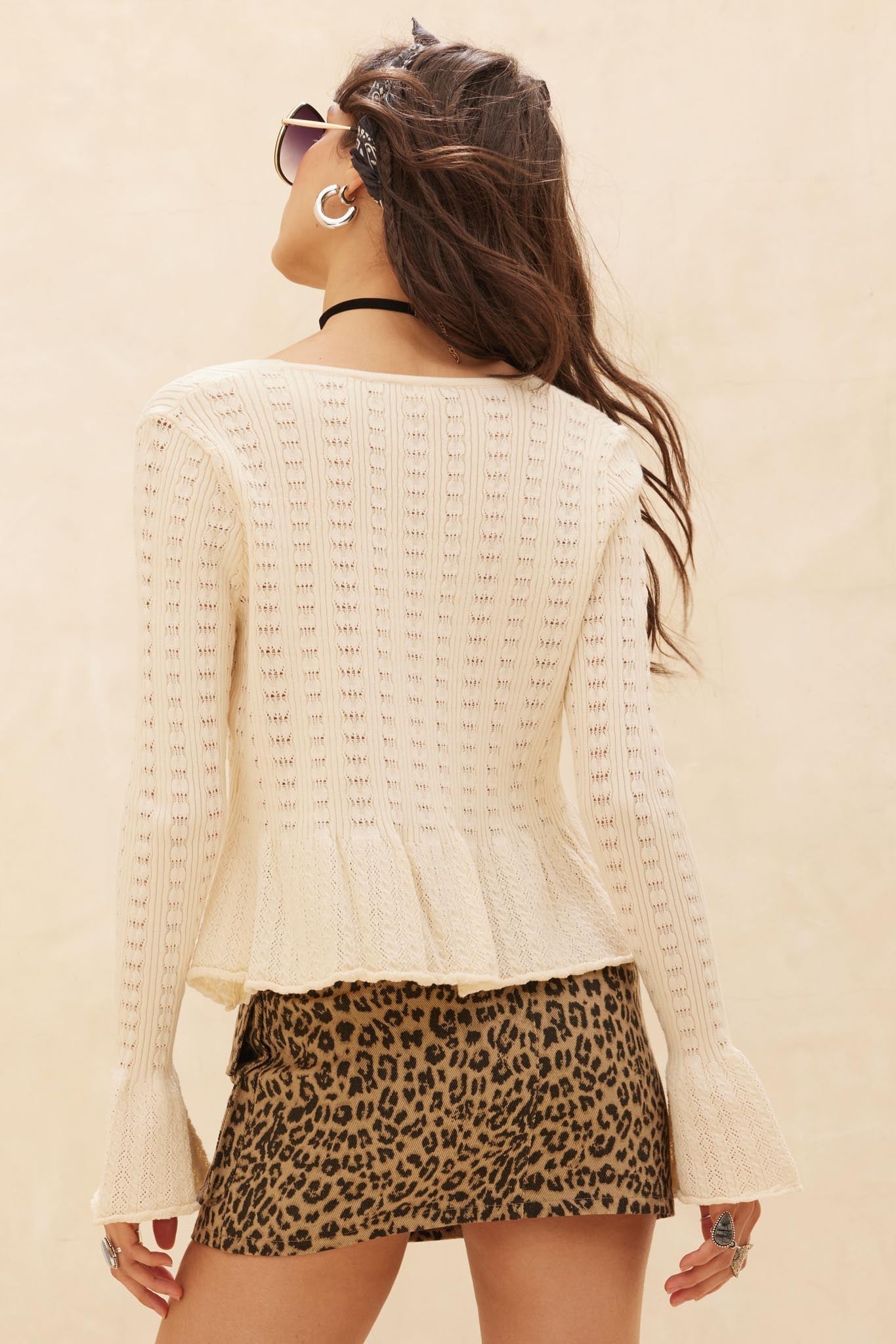 On My Way Pointelle Rib-Knit Peplum Cardigan