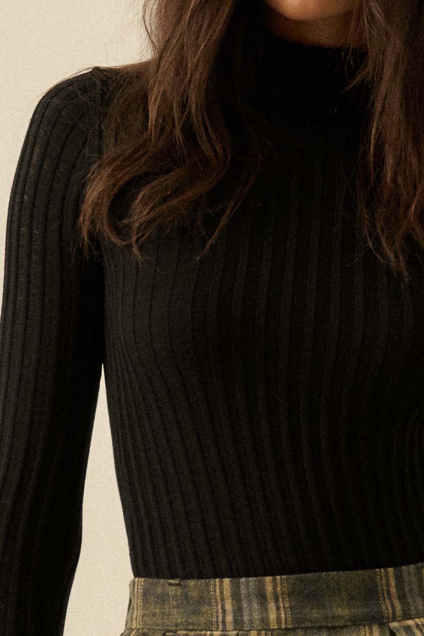 Finer Things Semi-Sheer Rib-Knit Mock-Neck Top