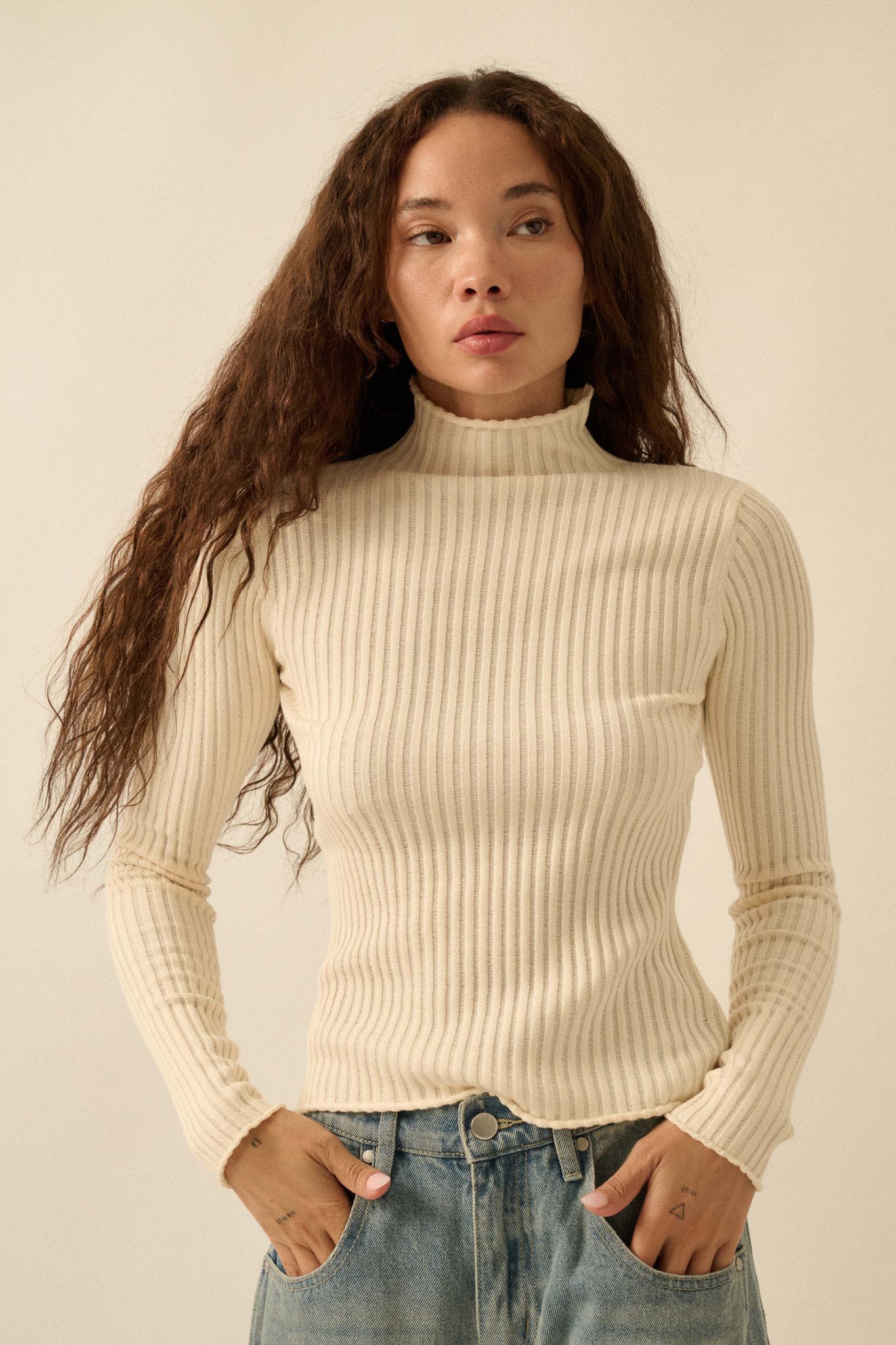 Finer Things Semi-Sheer Rib-Knit Mock-Neck Top
