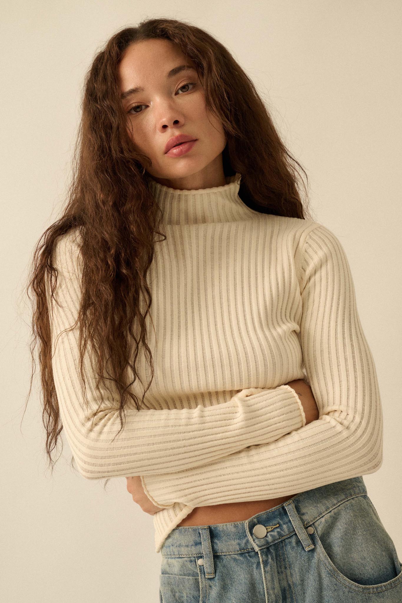 Finer Things Semi-Sheer Rib-Knit Mock-Neck Top