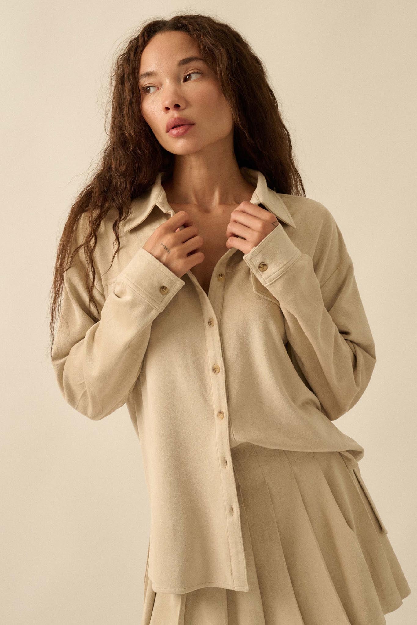 Soft Launch Vegan Suede Button-Up Shirt