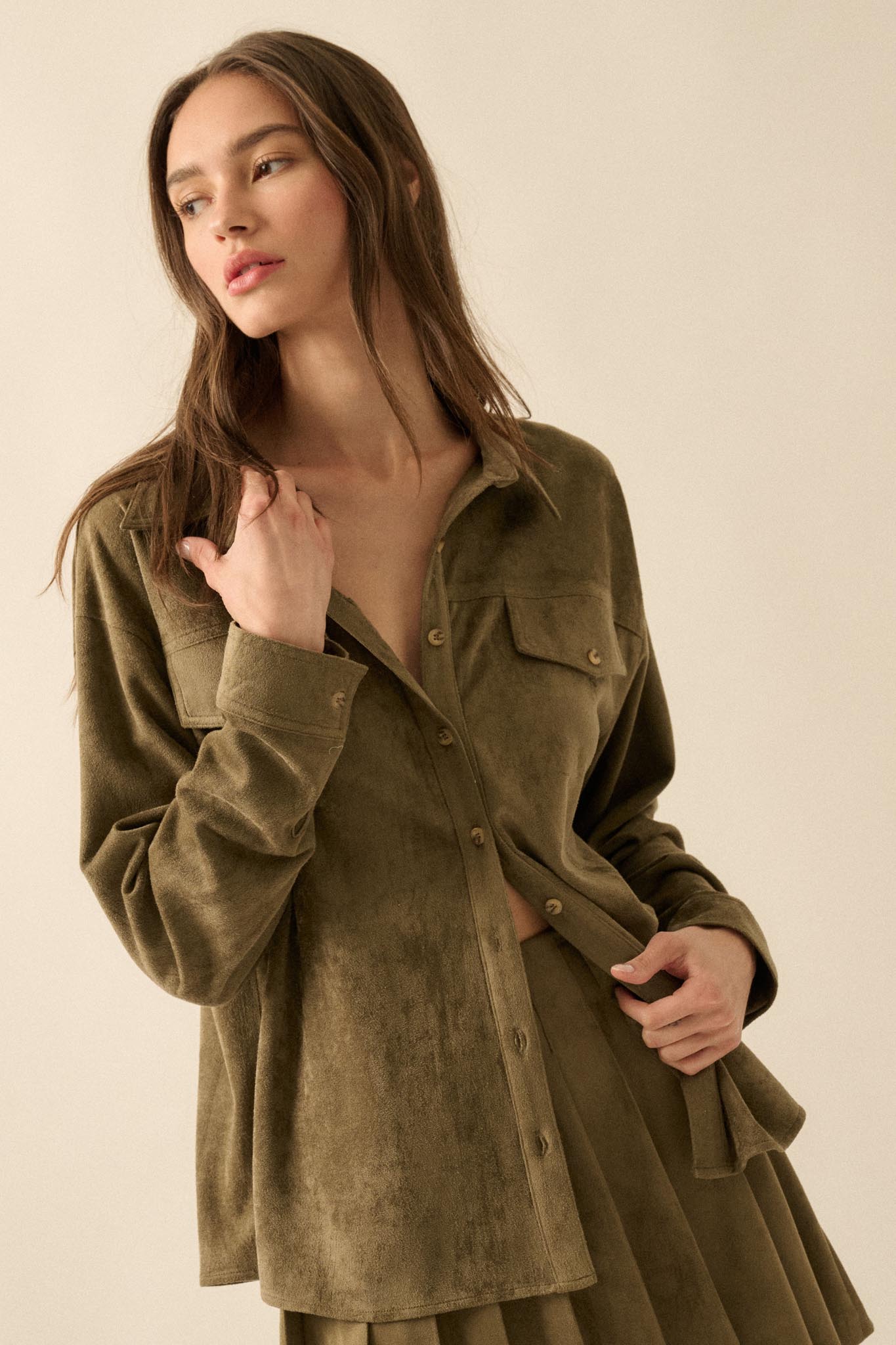 Soft Launch Vegan Suede Button-Up Shirt