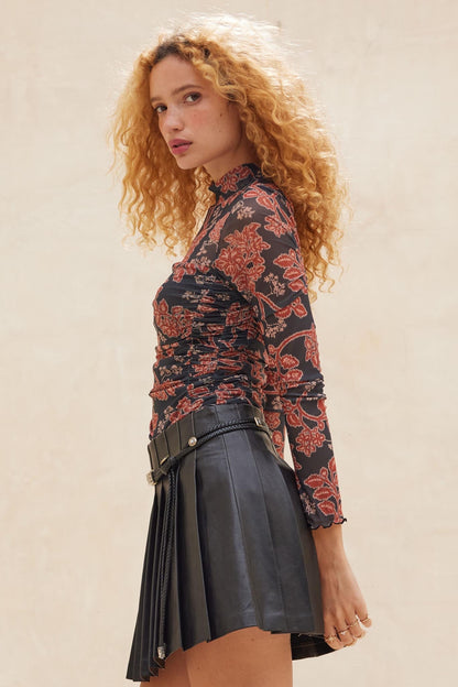 Baroque Blooms Floral Mesh Ruched Bodysuit