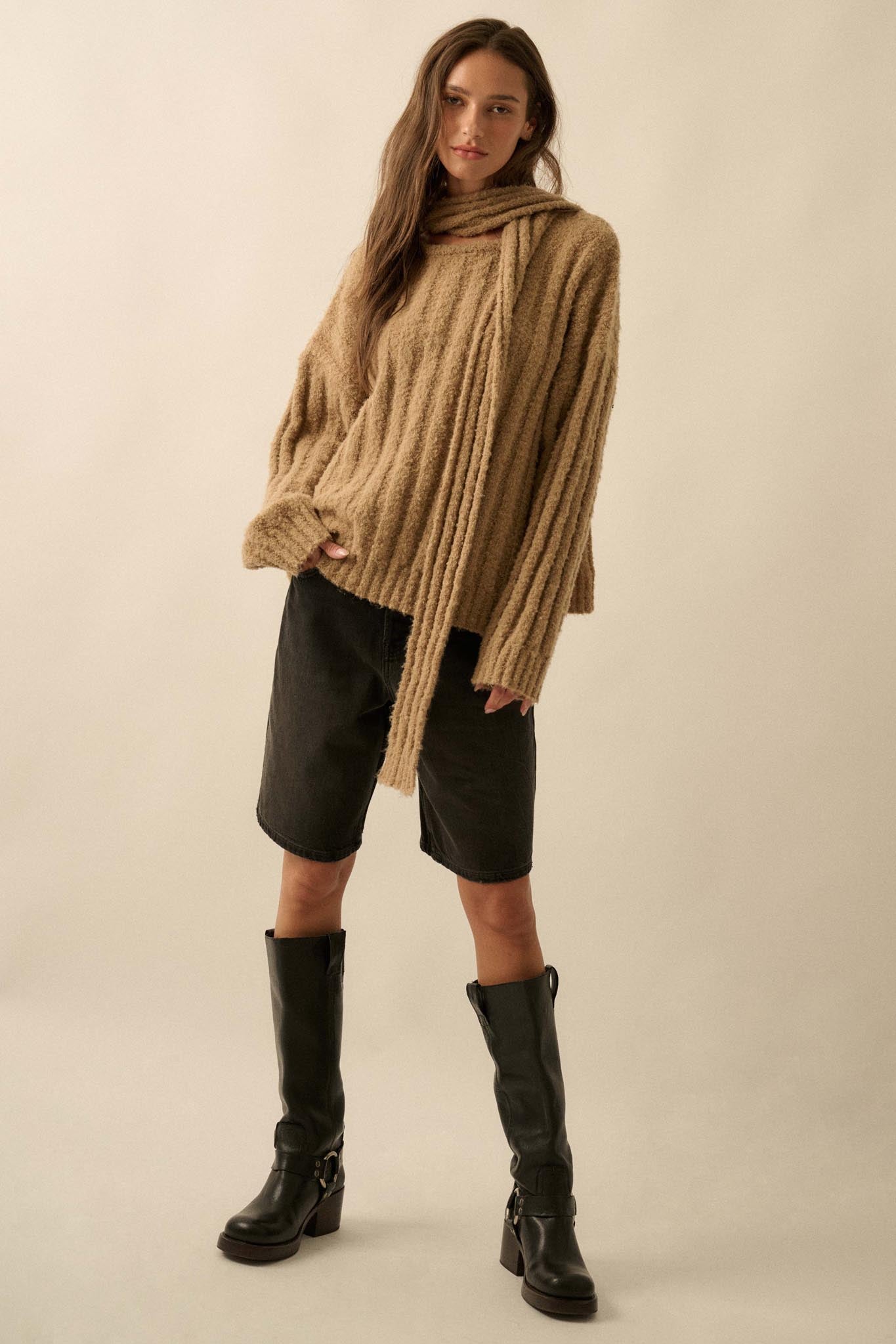 Keep Your Cool Textured Ribbed Knit Scarf Sweater