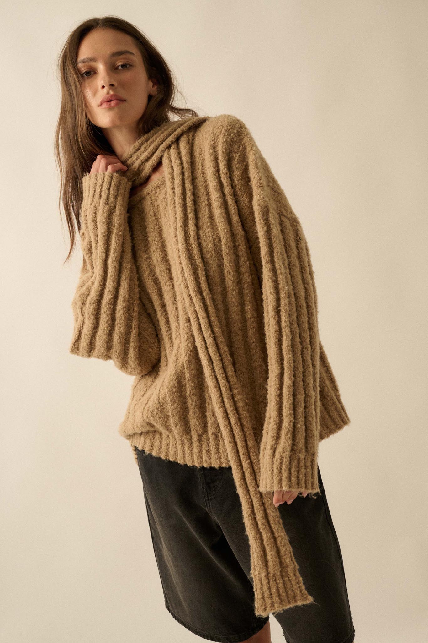 Keep Your Cool Textured Ribbed Knit Scarf Sweater