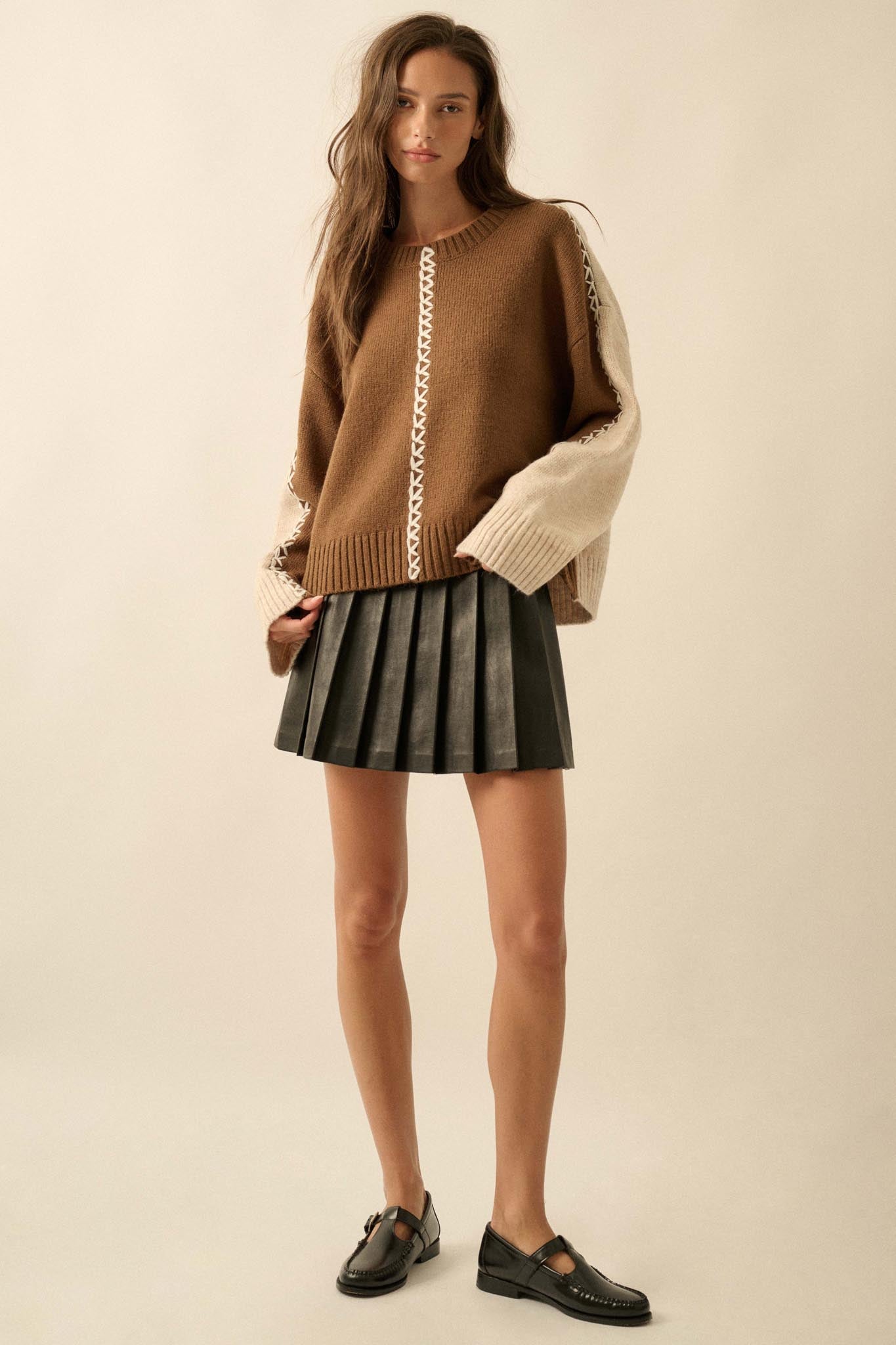 Look Twice Colorblock Stitch-Detail Sweater