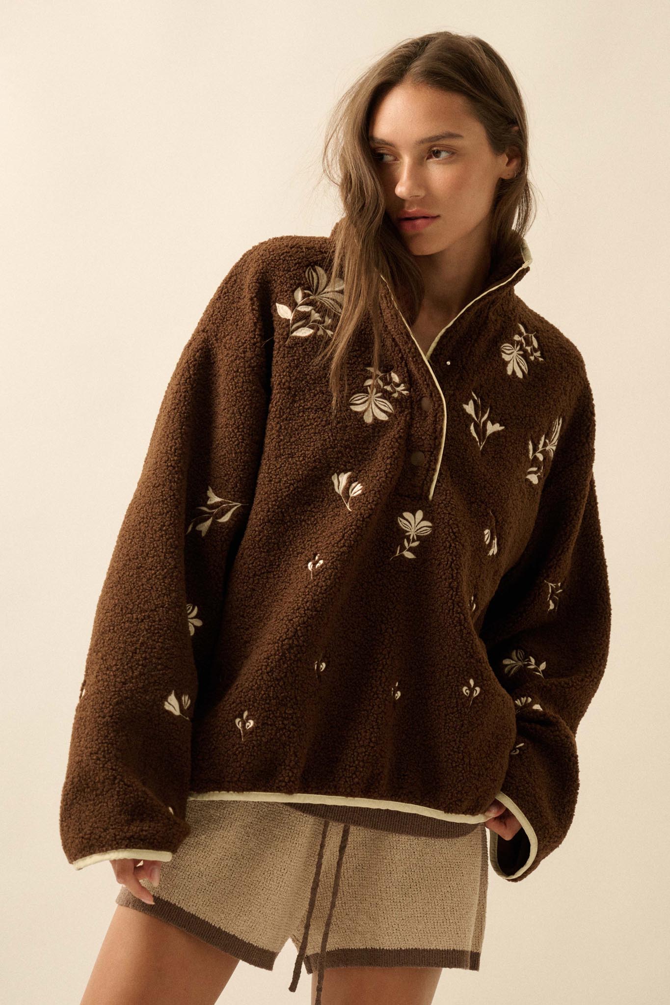 Plush Posies Floral-Embroidered Fleece Pullover