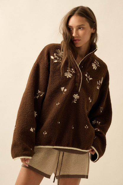 Plush Posies Floral-Embroidered Fleece Pullover