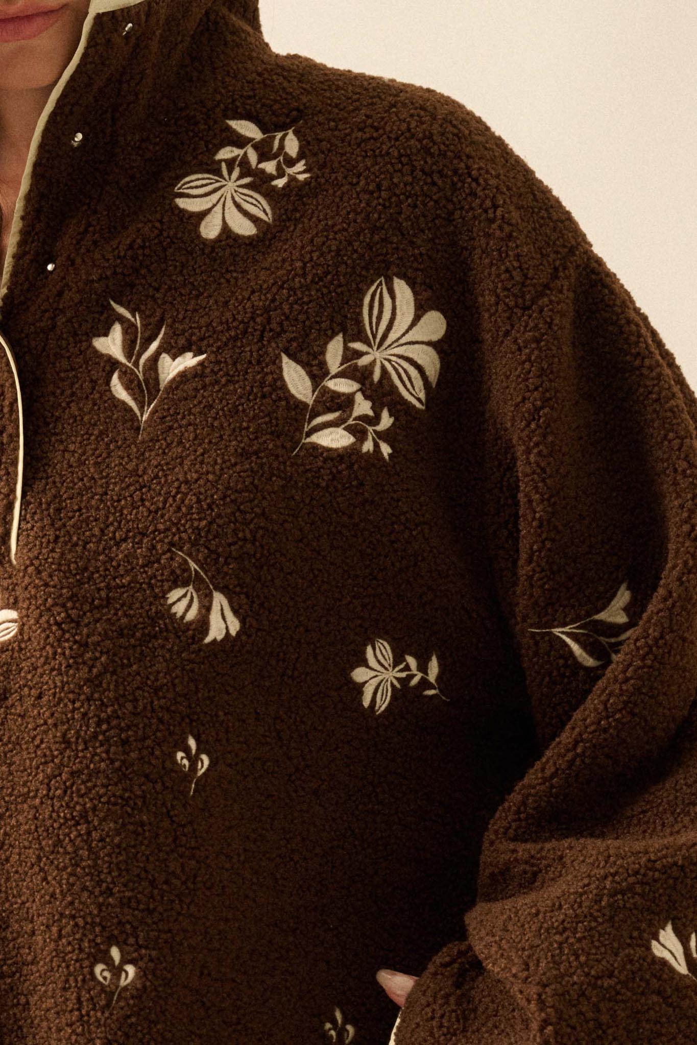 Plush Posies Floral-Embroidered Fleece Pullover