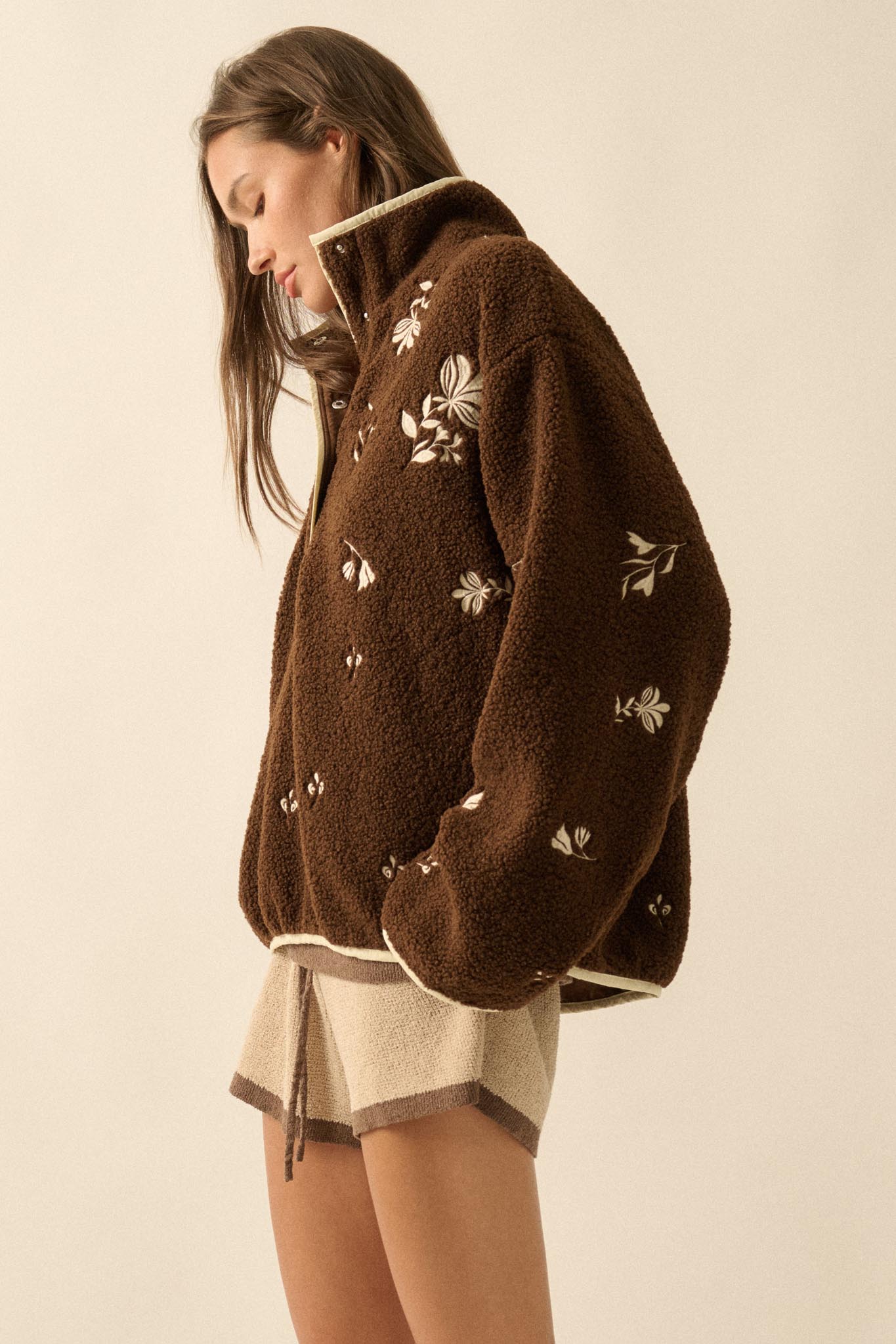 Plush Posies Floral-Embroidered Fleece Pullover