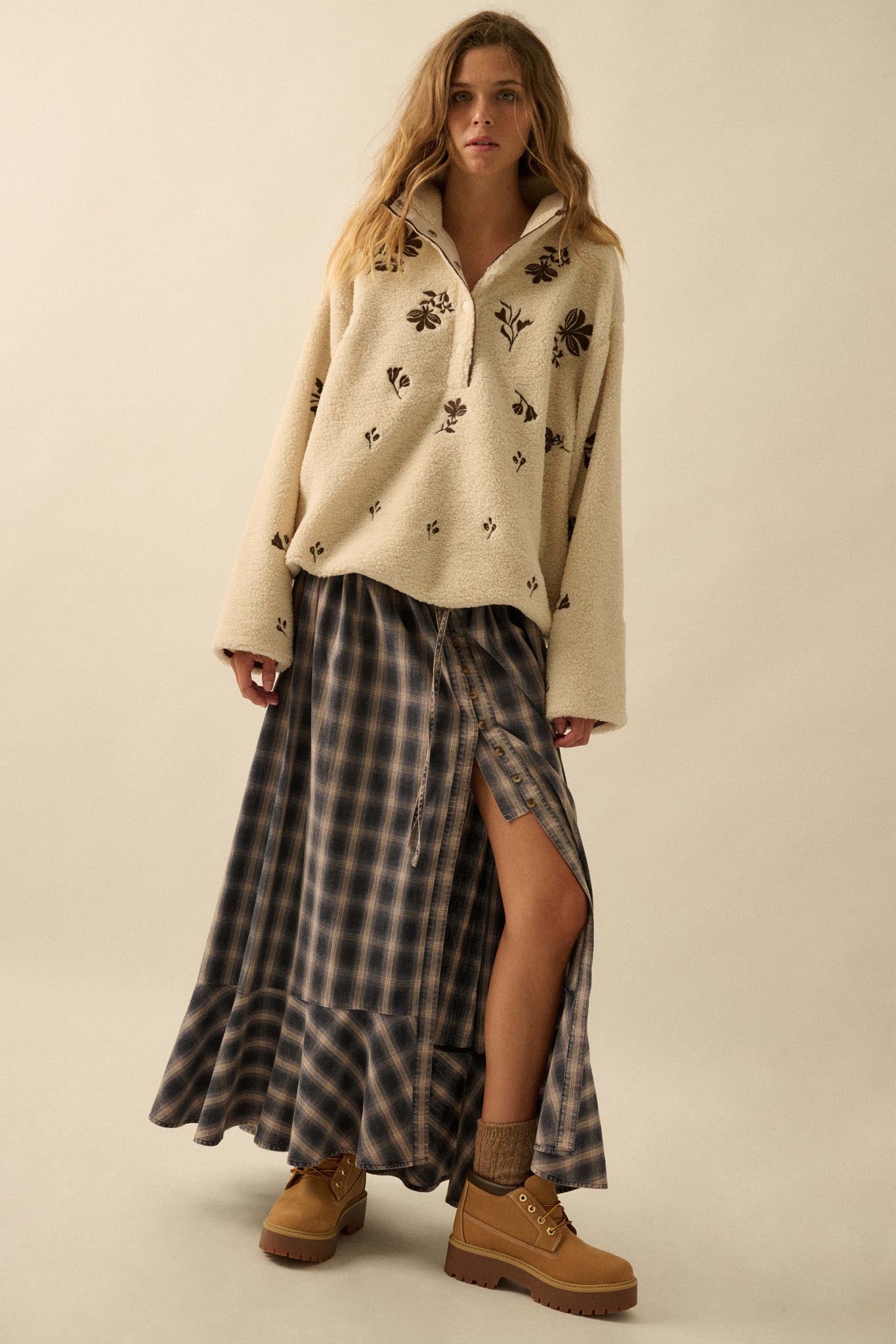 Plush Posies Floral-Embroidered Fleece Pullover