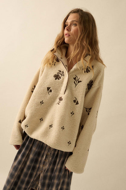 Plush Posies Floral-Embroidered Fleece Pullover