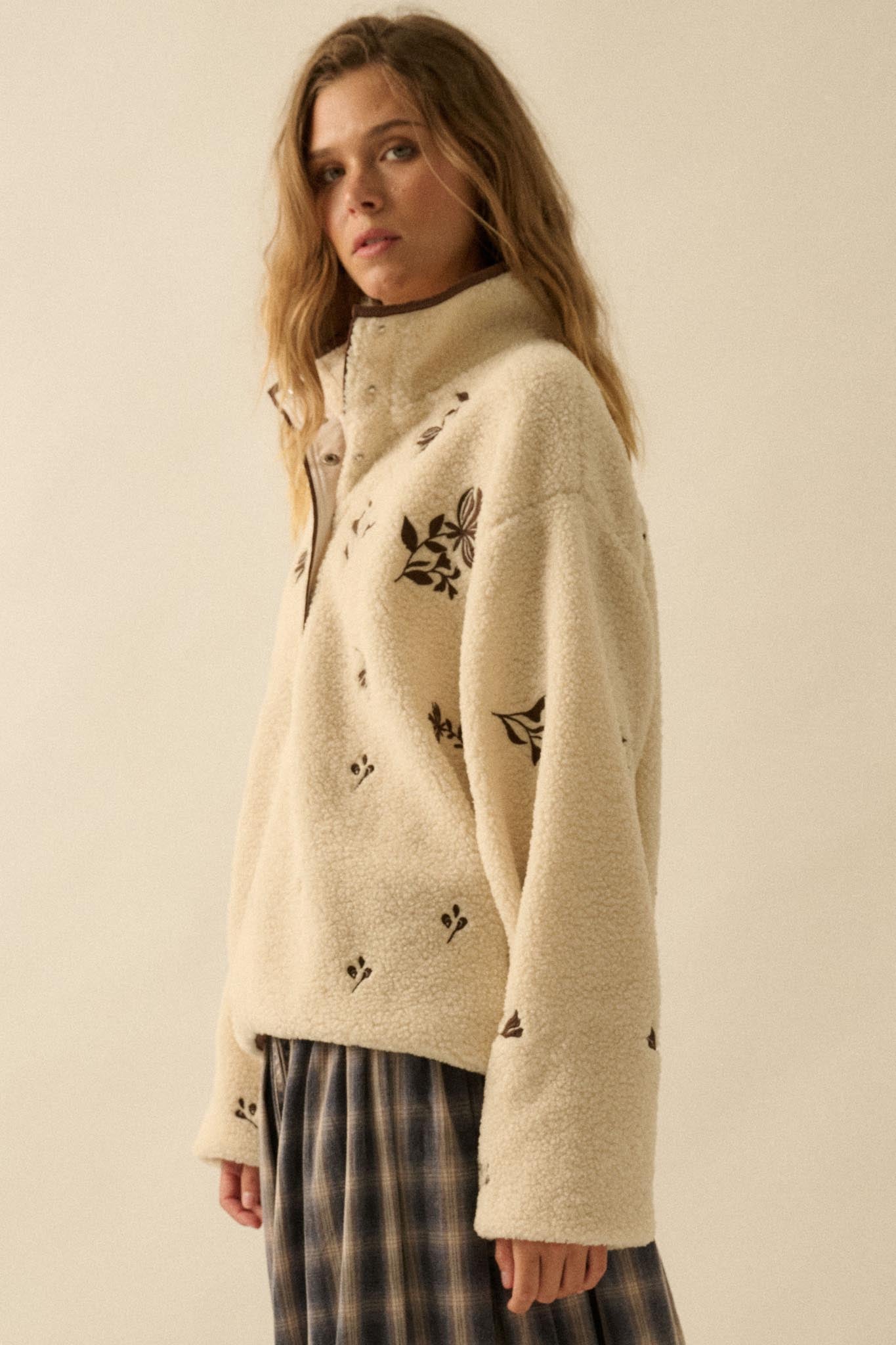 Plush Posies Floral-Embroidered Fleece Pullover