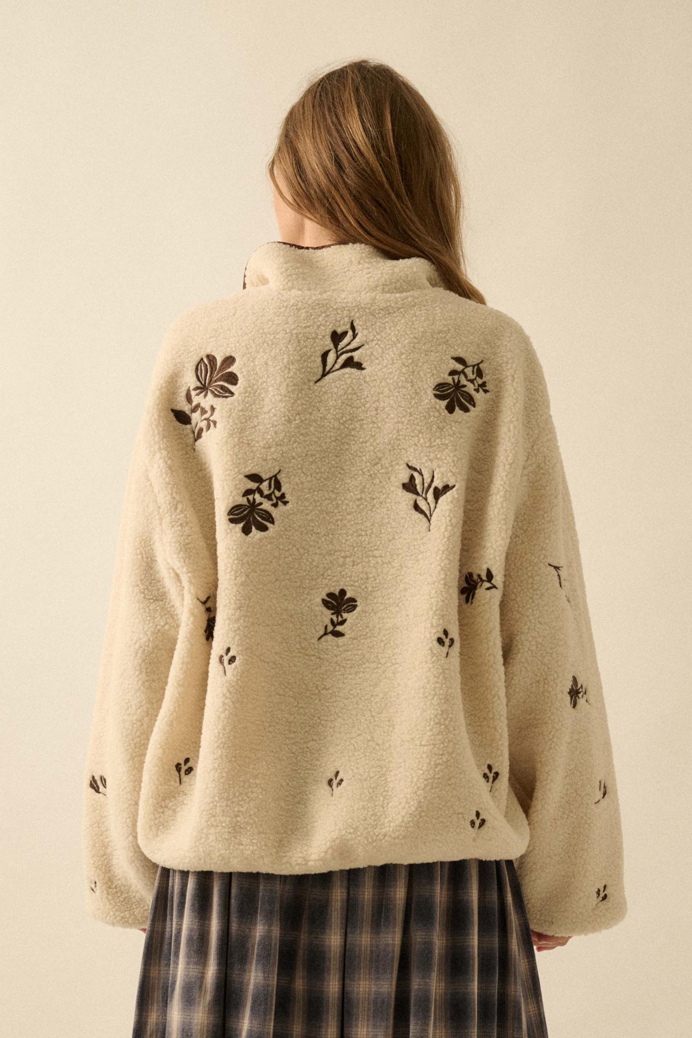 Plush Posies Floral-Embroidered Fleece Pullover