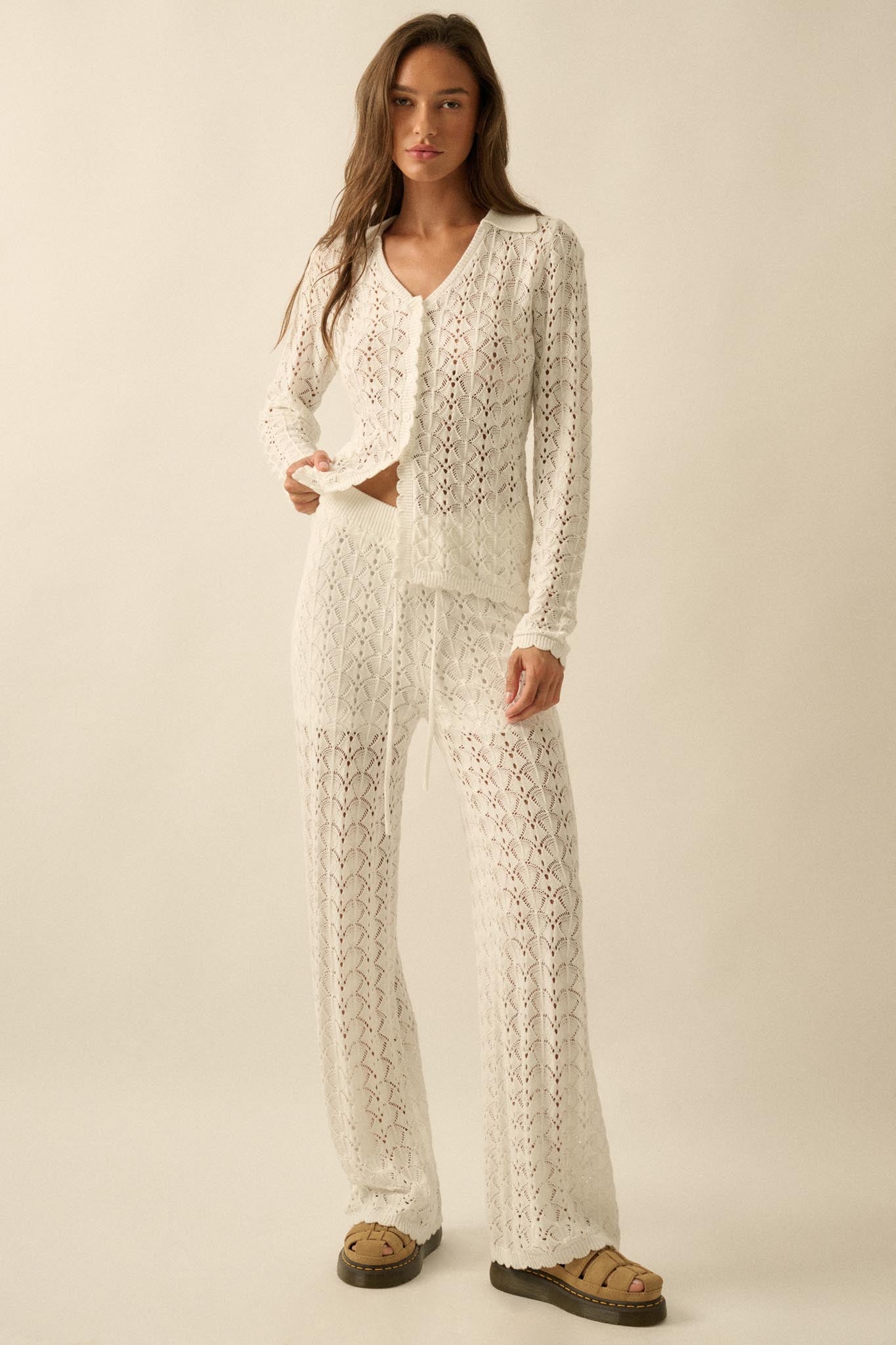 Anything for You Pointelle-Knit Collared Cardigan
