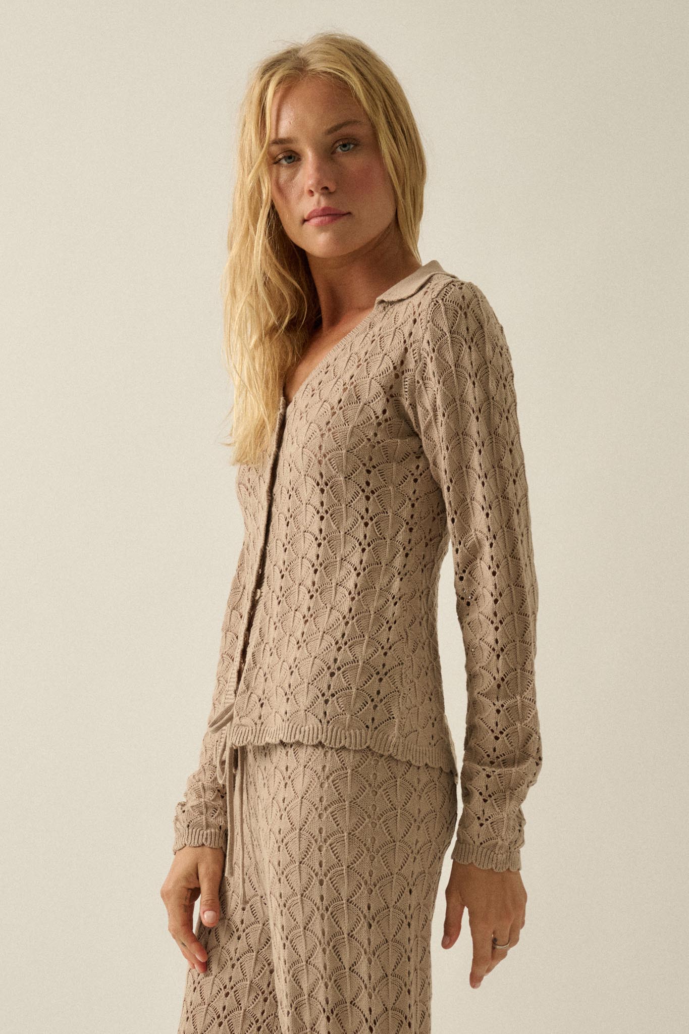Anything for You Pointelle-Knit Collared Cardigan