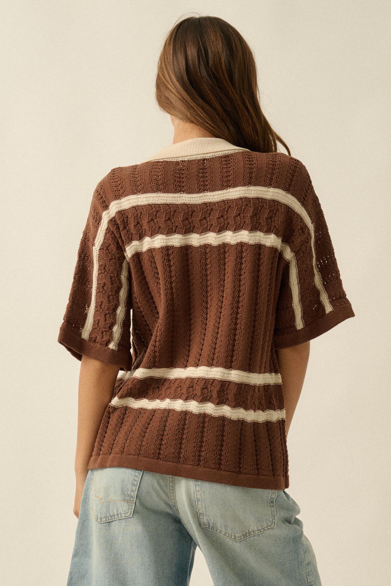 Across the Way Striped Crochet-Knit Camp Shirt