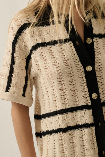 Across the Way Striped Crochet-Knit Camp Shirt