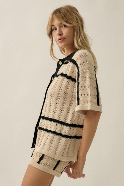 Across the Way Striped Crochet-Knit Camp Shirt