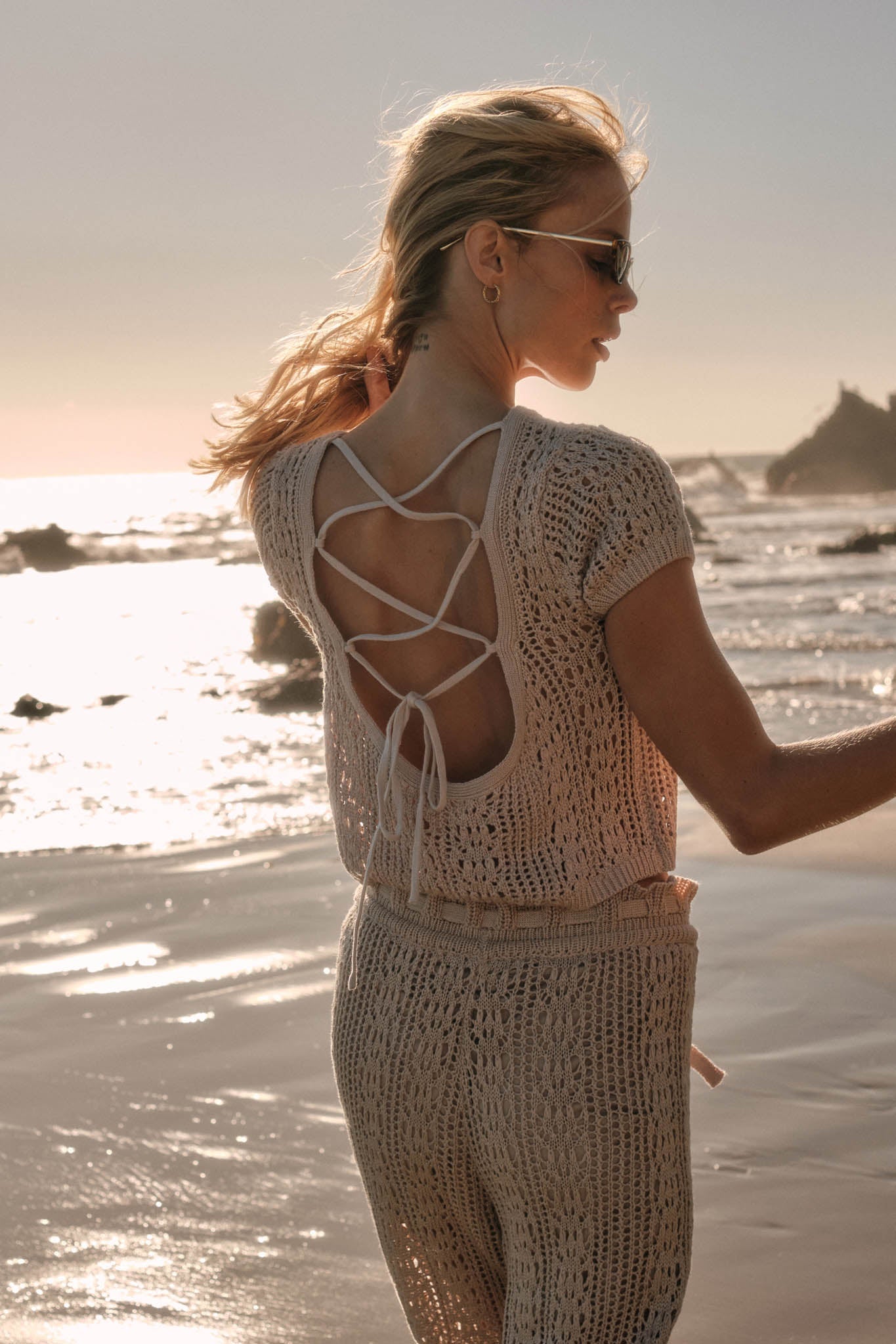 Good Vibes Crochet-Knit Short-Sleeve Cropped Sweater