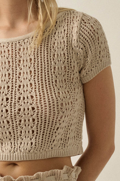 Good Vibes Crochet-Knit Short-Sleeve Cropped Sweater