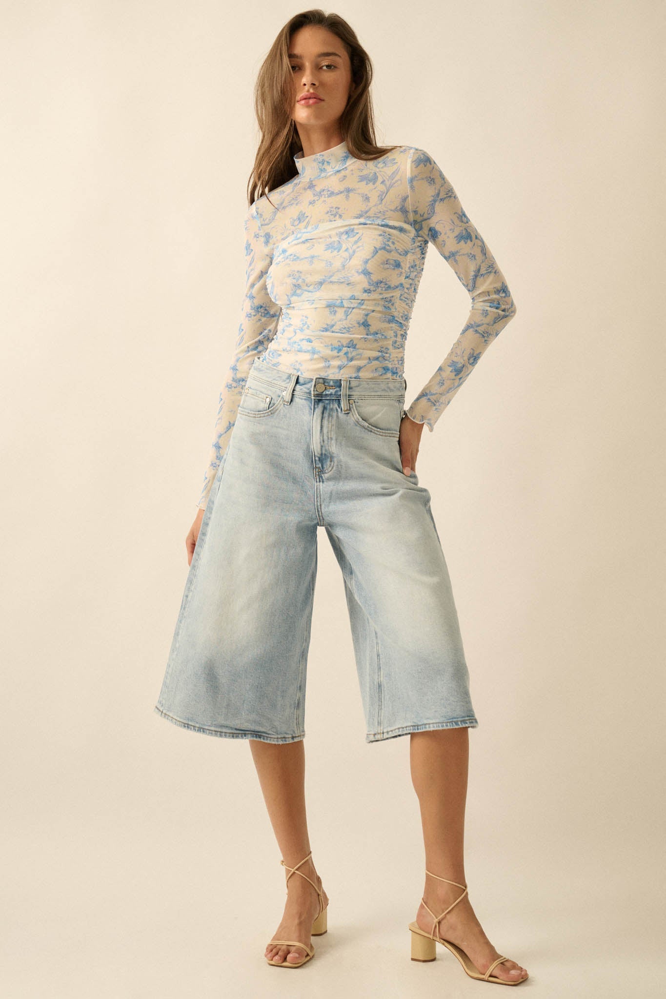Fleur du Jour Floral-Print Mesh Ruched Bodysuit