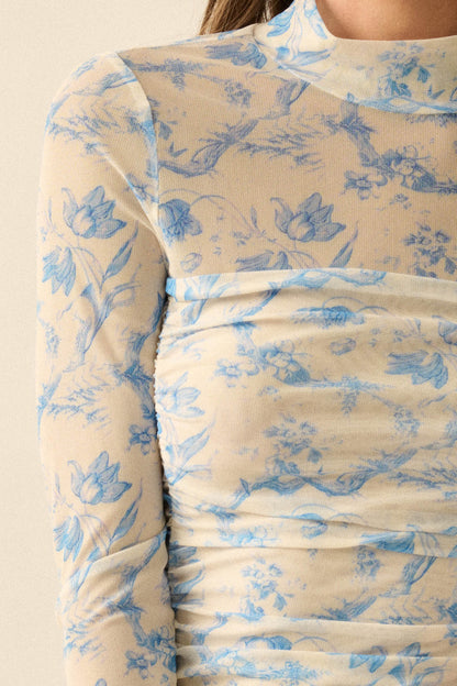 Fleur du Jour Floral-Print Mesh Ruched Bodysuit