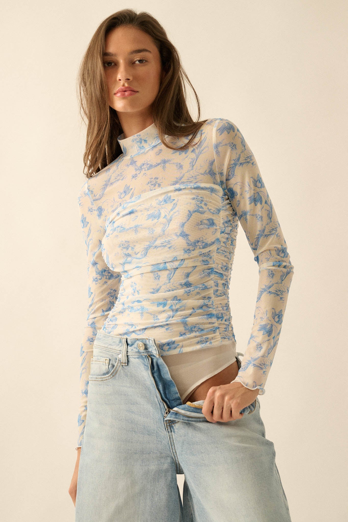 Fleur du Jour Floral-Print Mesh Ruched Bodysuit