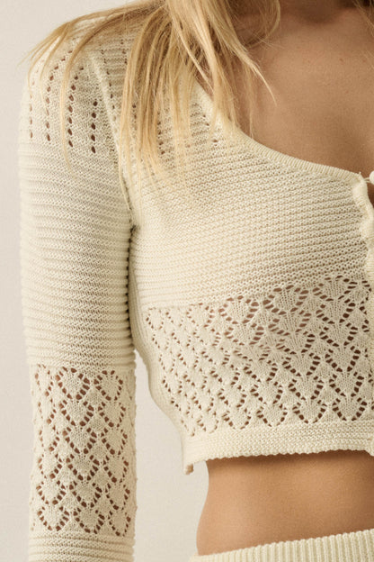 Nothing Less Pointelle Rib-Knit Cropped Cardigan