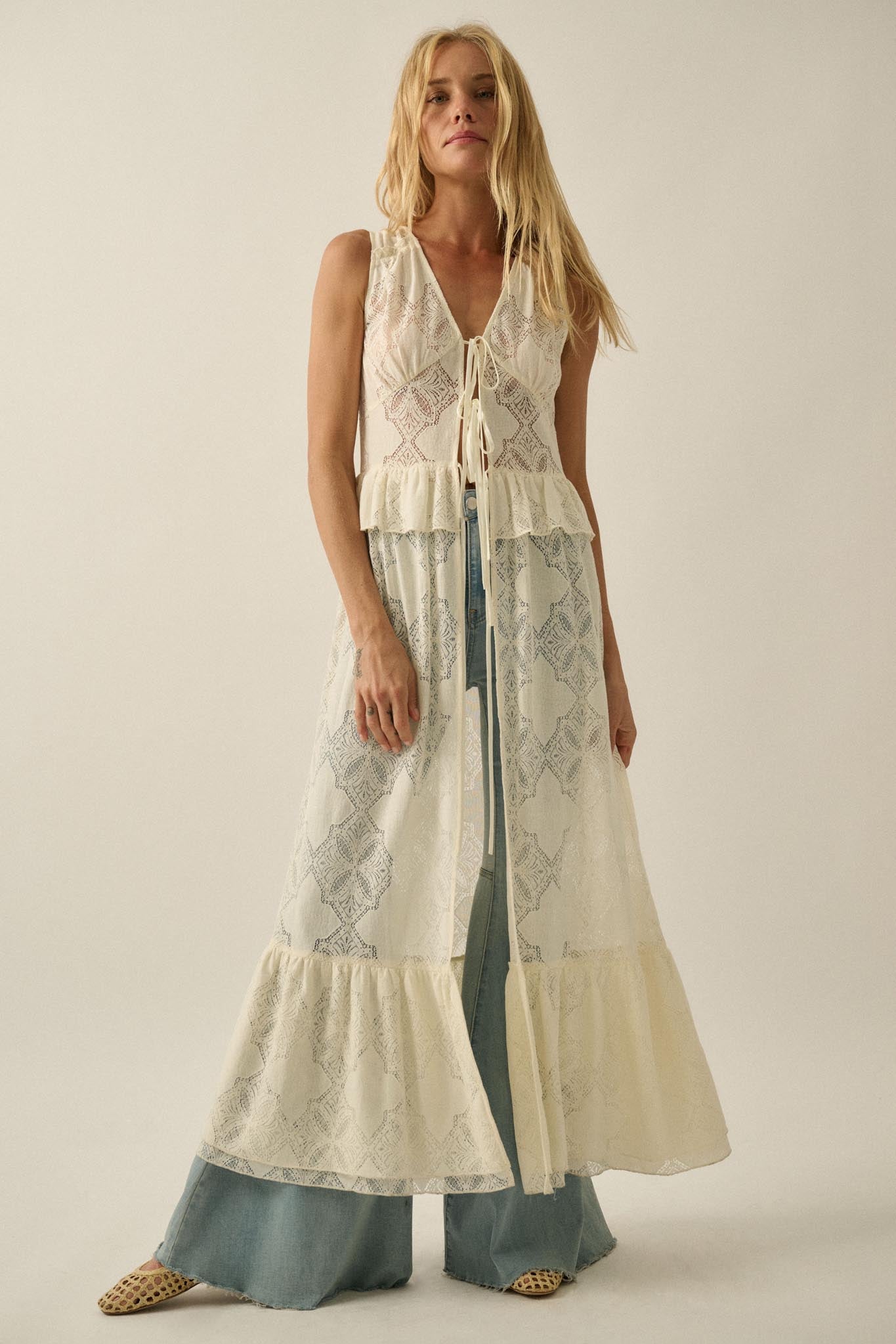 Fly Me Away Sheer Lace Tie-Front Maxi Top