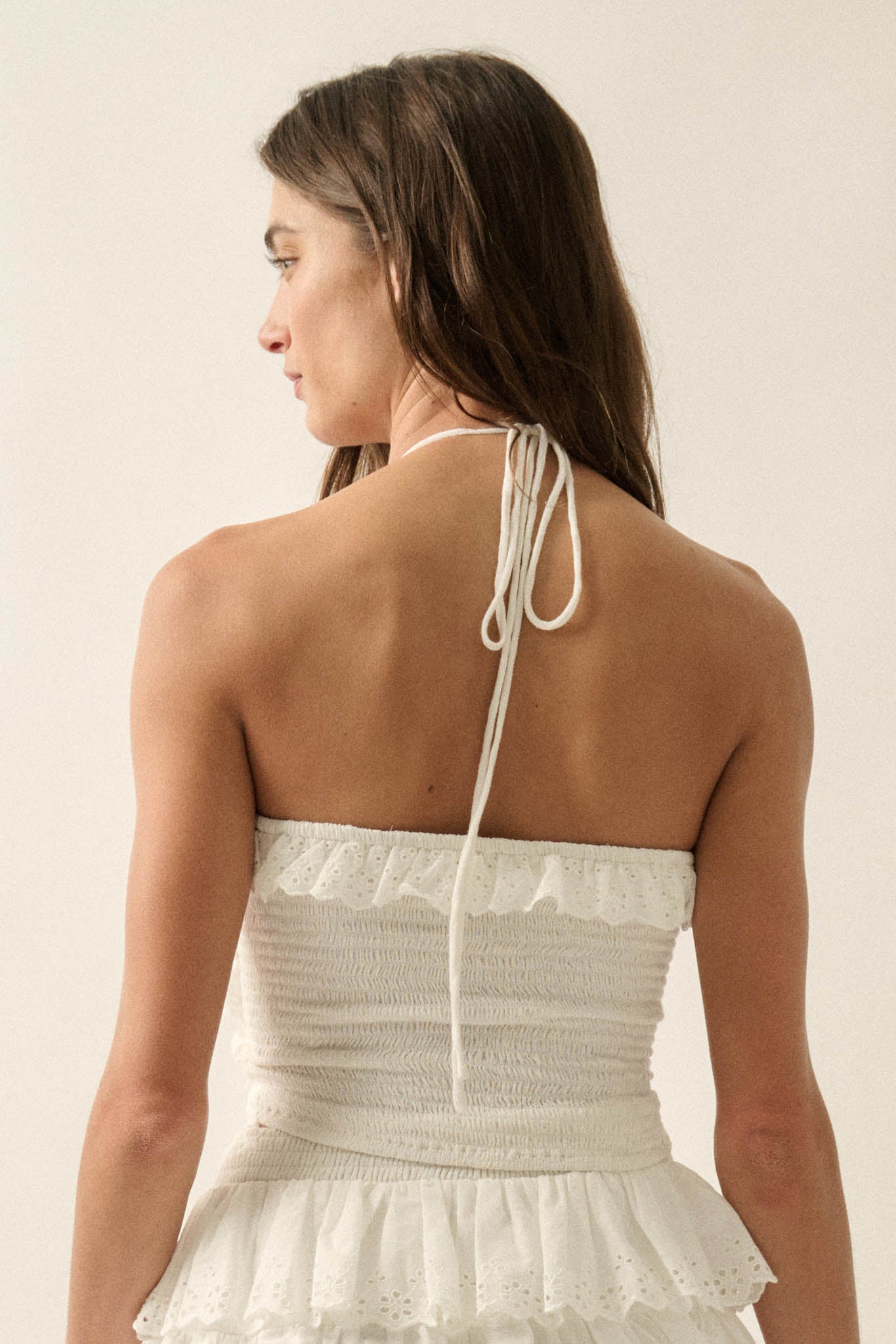 First Crush Tiered Ruffle Eyelet Lace Halter Top