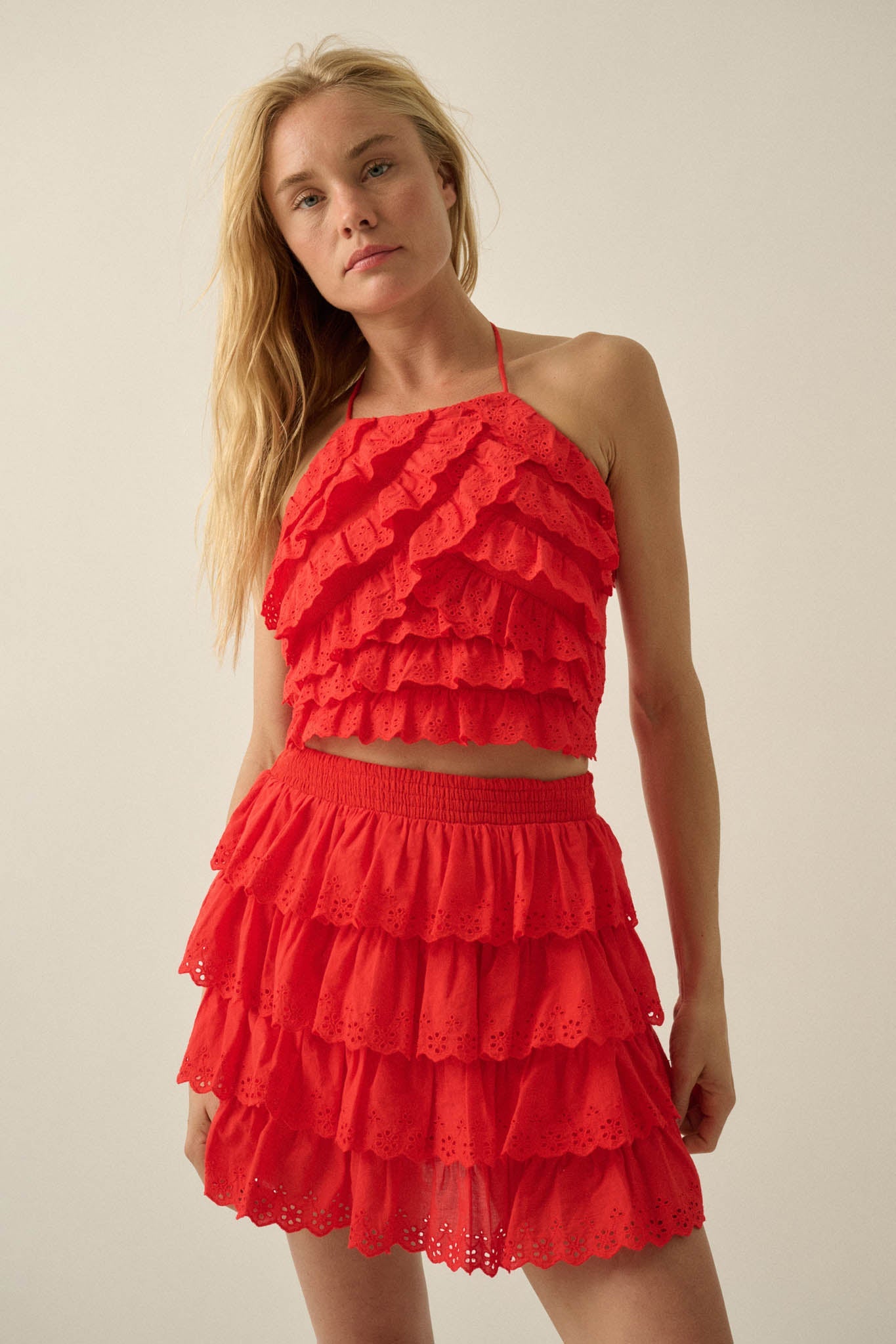 First Crush Tiered Ruffle Eyelet Lace Halter Top