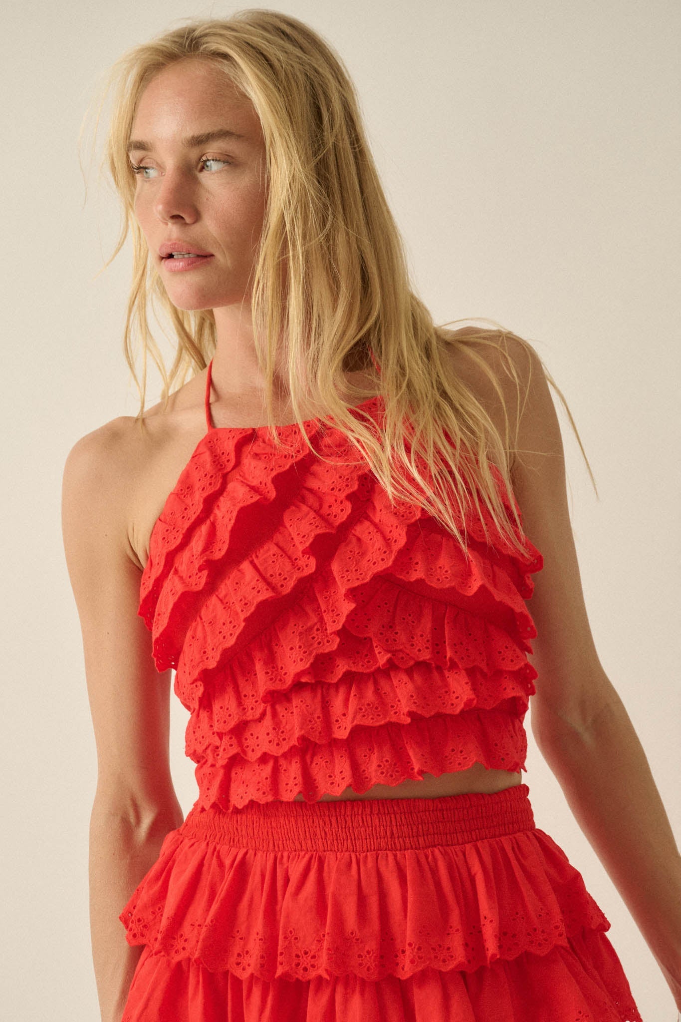 First Crush Tiered Ruffle Eyelet Lace Halter Top