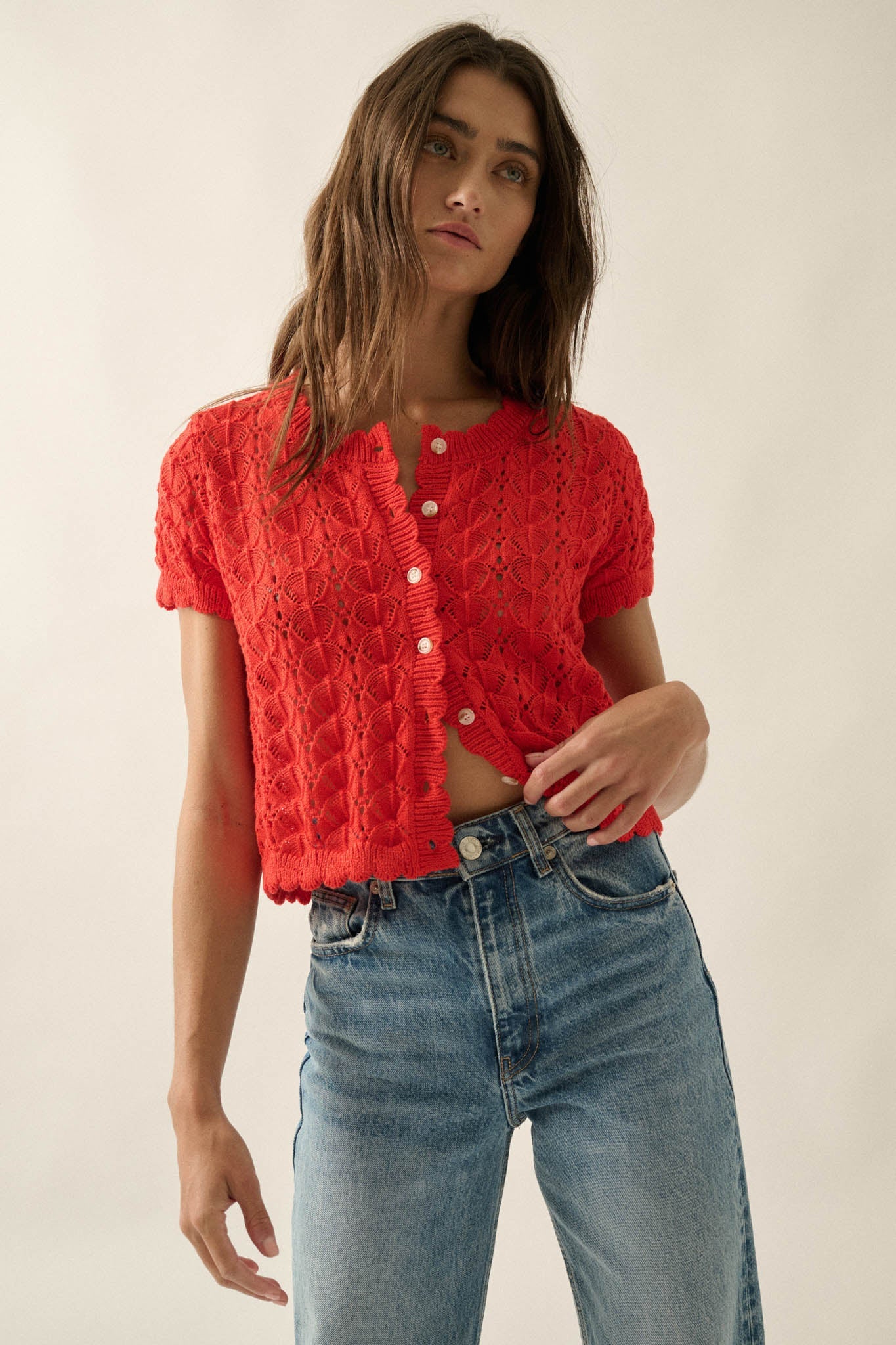 Something More Pointelle-Knit Short-Sleeve Cardigan