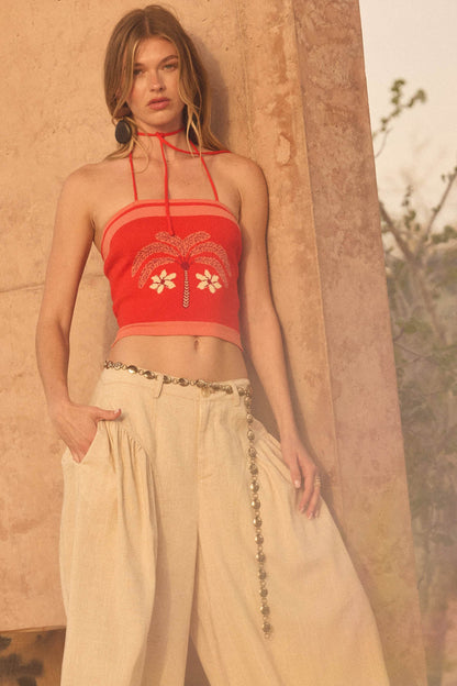 Safari Days Tropical Jacquard-Knit Halter Crop Top