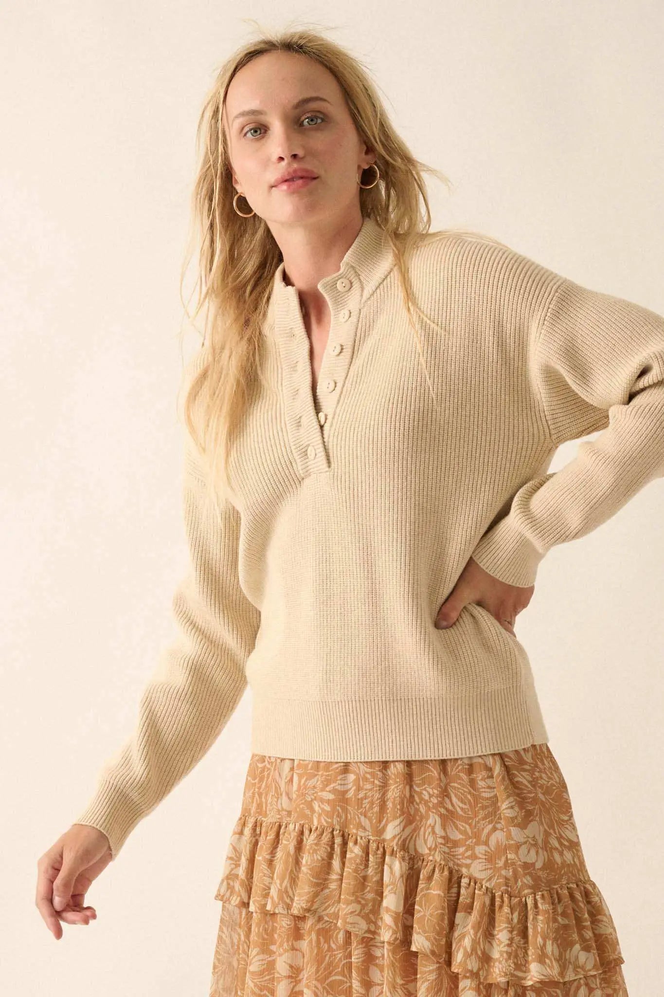 Say Anything Ribbed Knit Henley Sweater