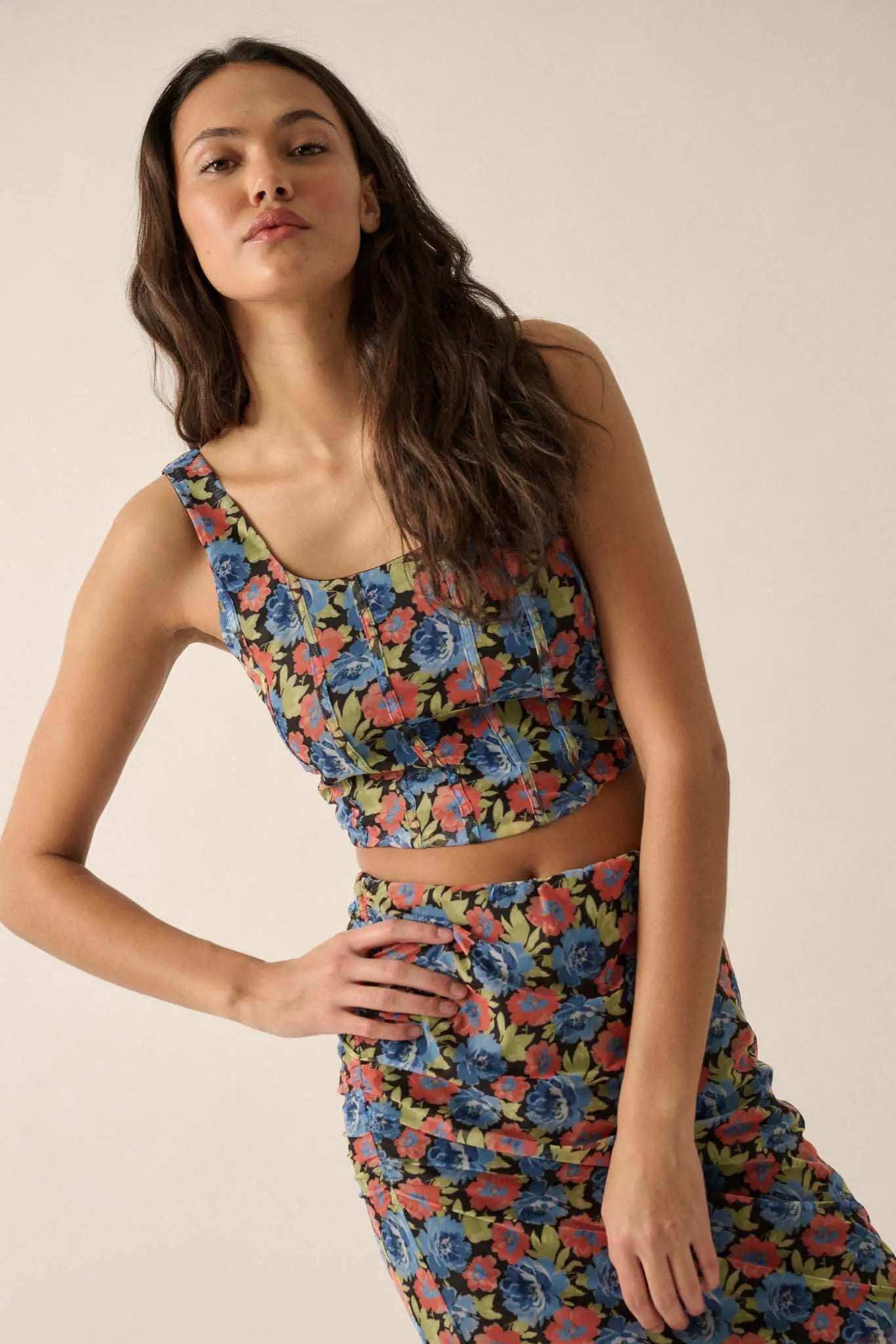 Midnight Blooms Floral Mesh Cropped Corset Top