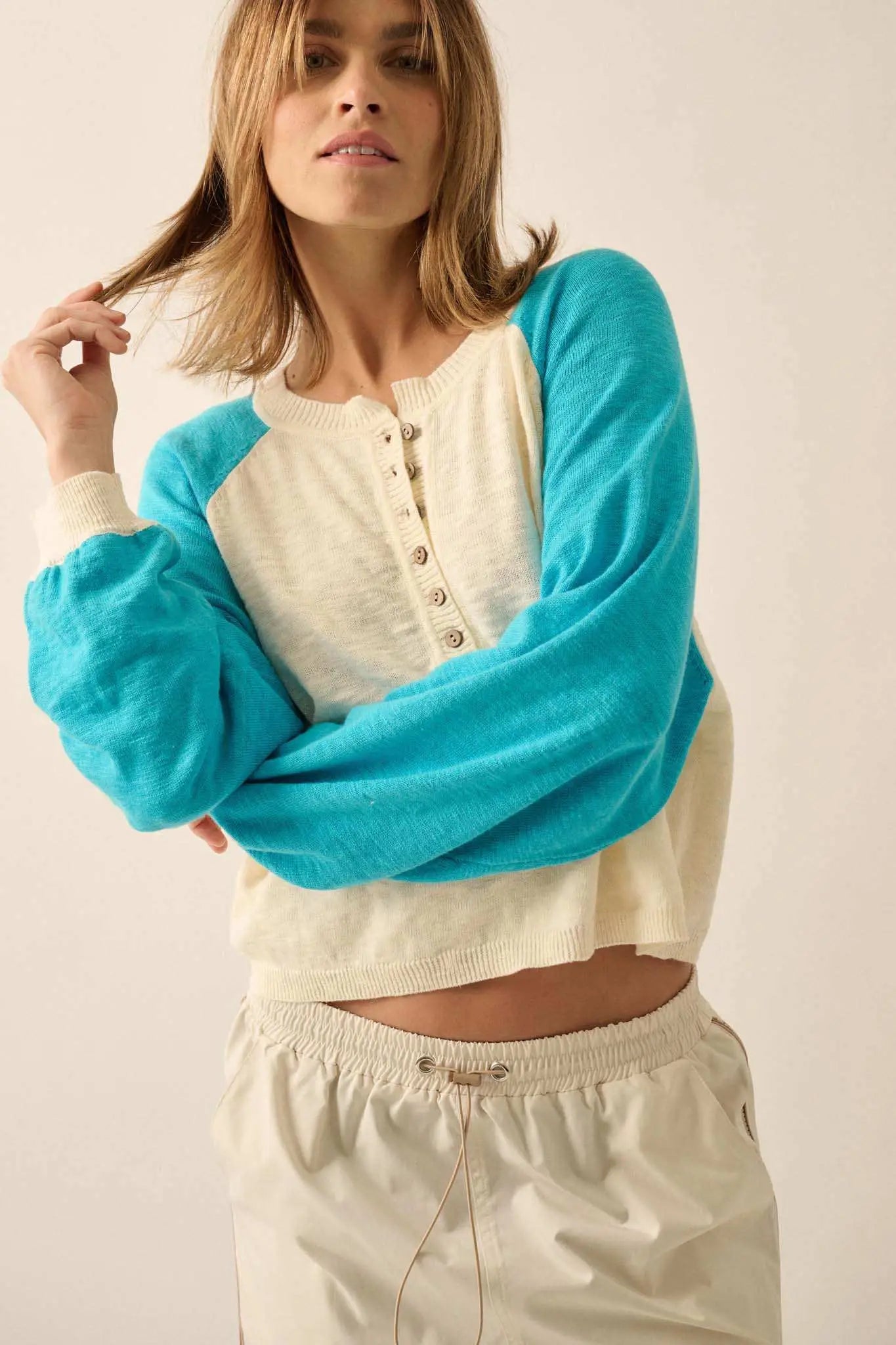 Bases Loaded Colorblock Slub-Knit Henley Sweater