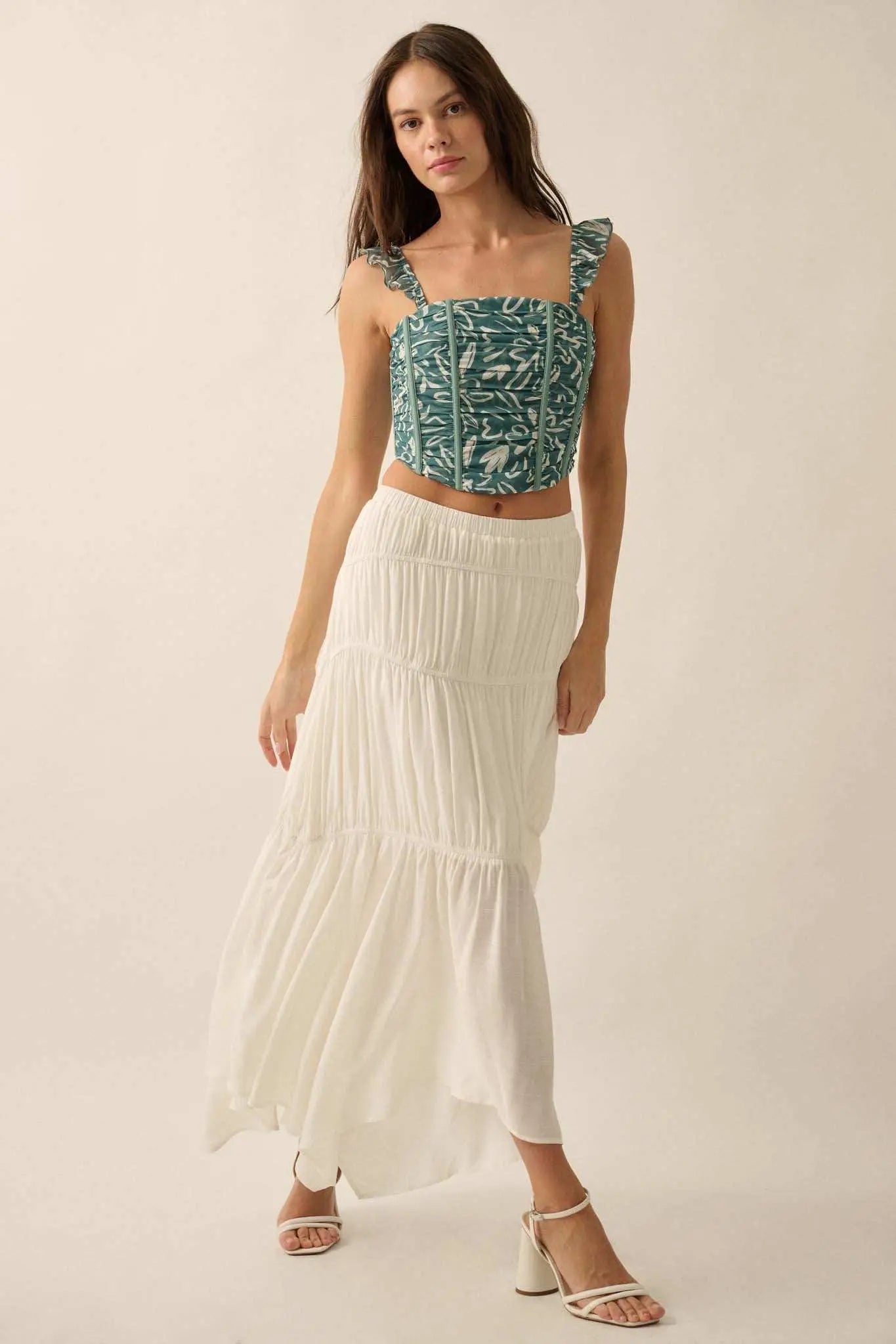 Abstract Blooms Floral-Print Mesh Corset Cami Top
