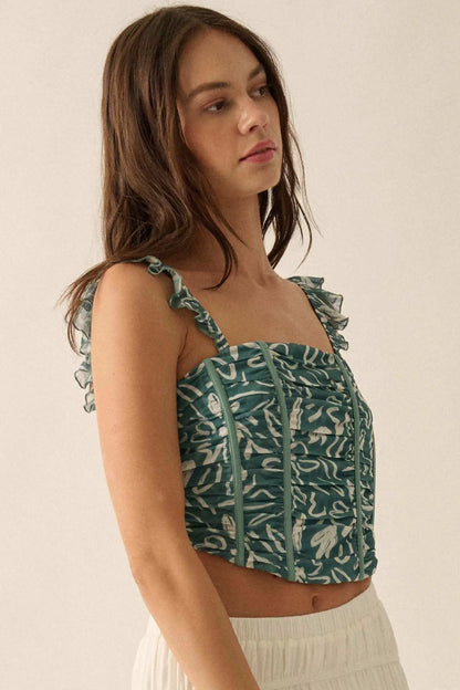 Abstract Blooms Floral-Print Mesh Corset Cami Top