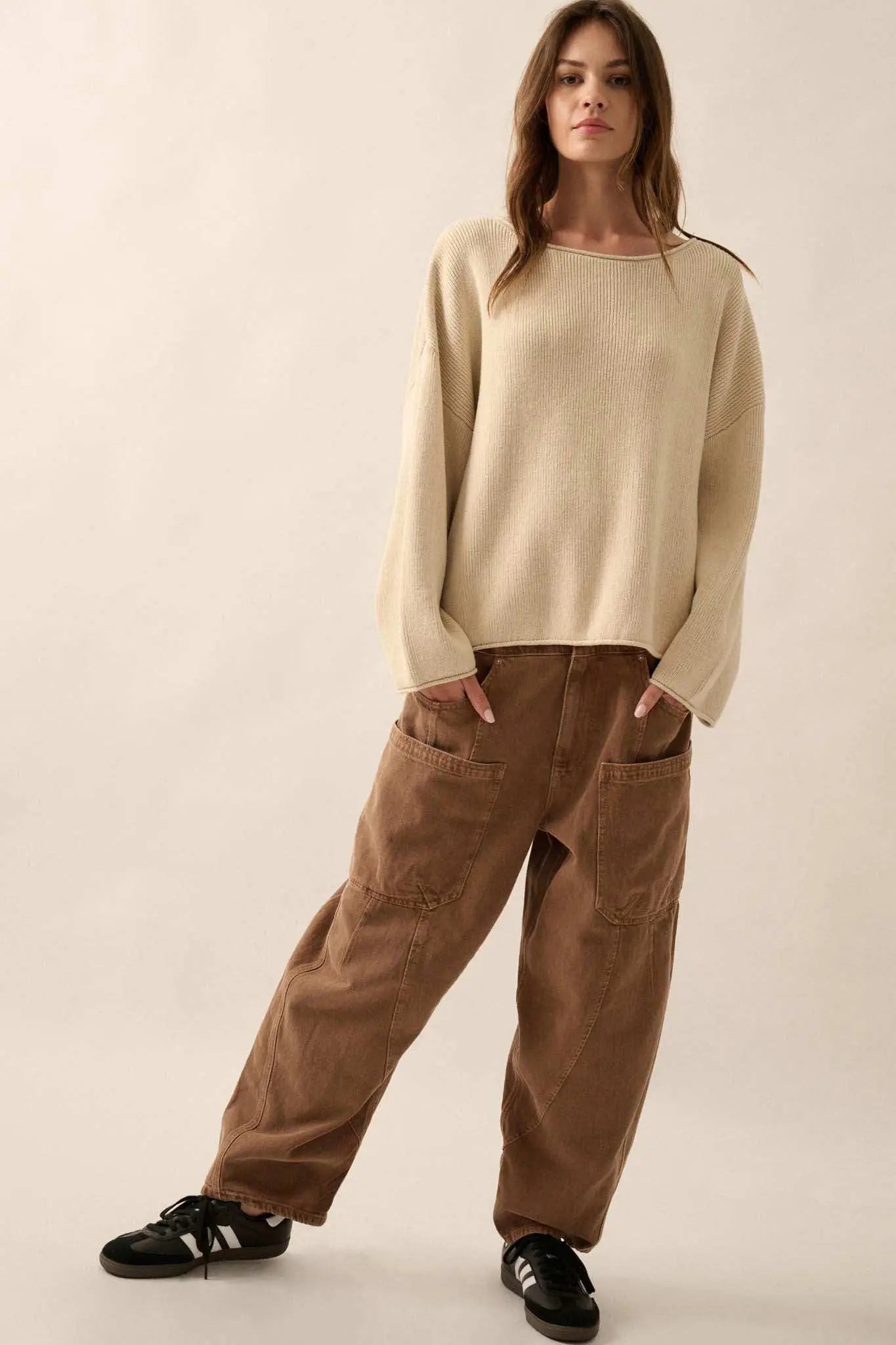 Chill Vibes Rolled-Edge Ribbed Knit Sweater