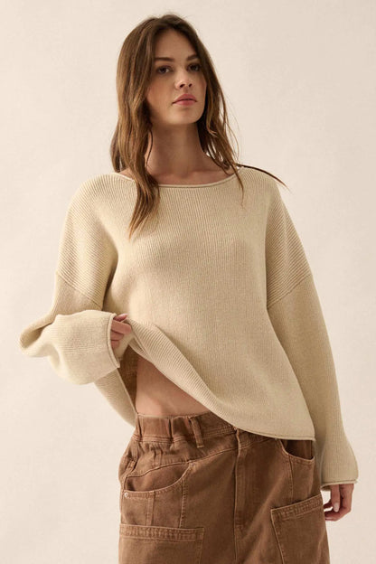 Chill Vibes Rolled-Edge Ribbed Knit Sweater