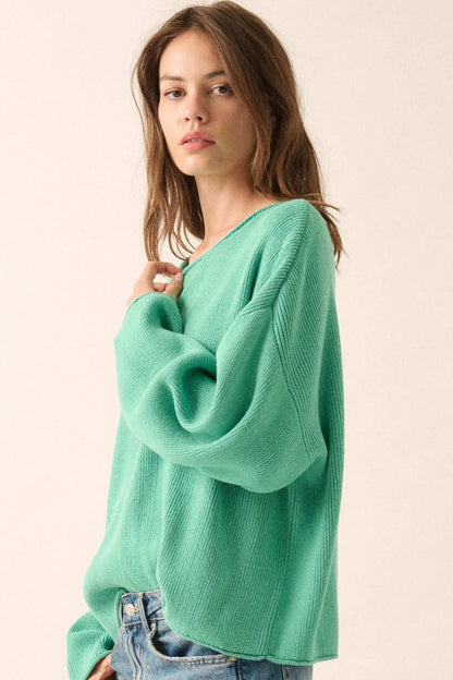 Chill Vibes Rolled-Edge Ribbed Knit Sweater