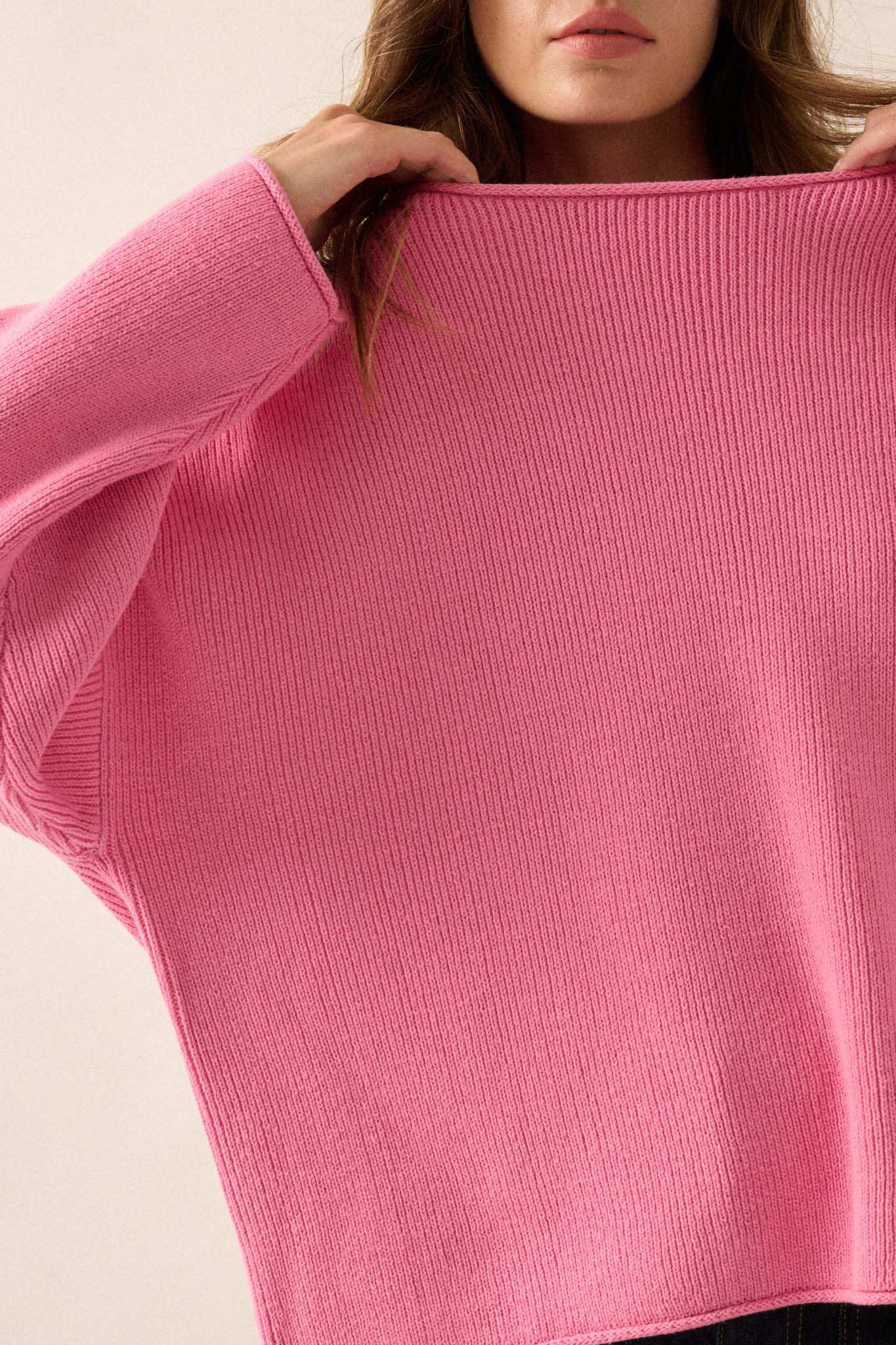 Chill Vibes Rolled-Edge Ribbed Knit Sweater